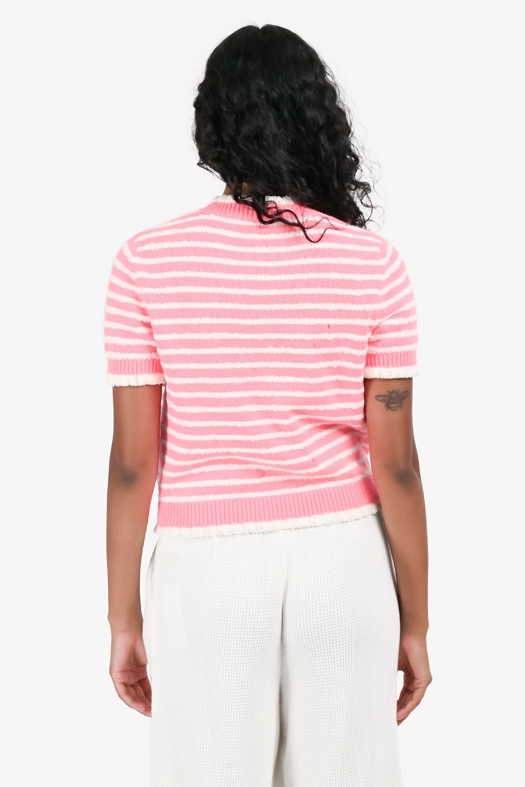 Pre-Loved Chanel™ Pink/White Striped Cotton Knit Short Sleeve CC Button igan Size 36