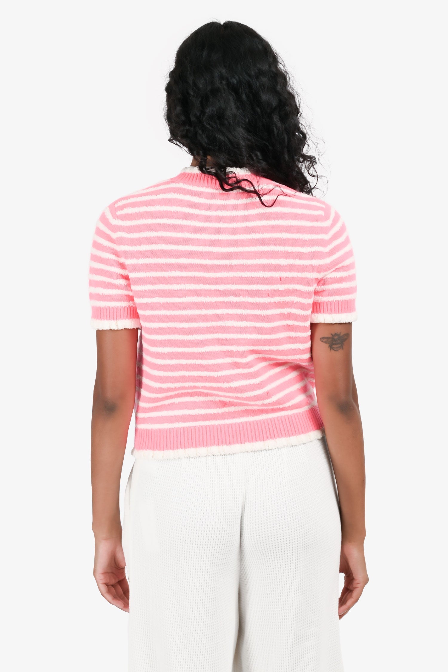 Pre-Loved Chanel™ Pink/White Striped Cotton Knit Short Sleeve CC Button igan Size 36