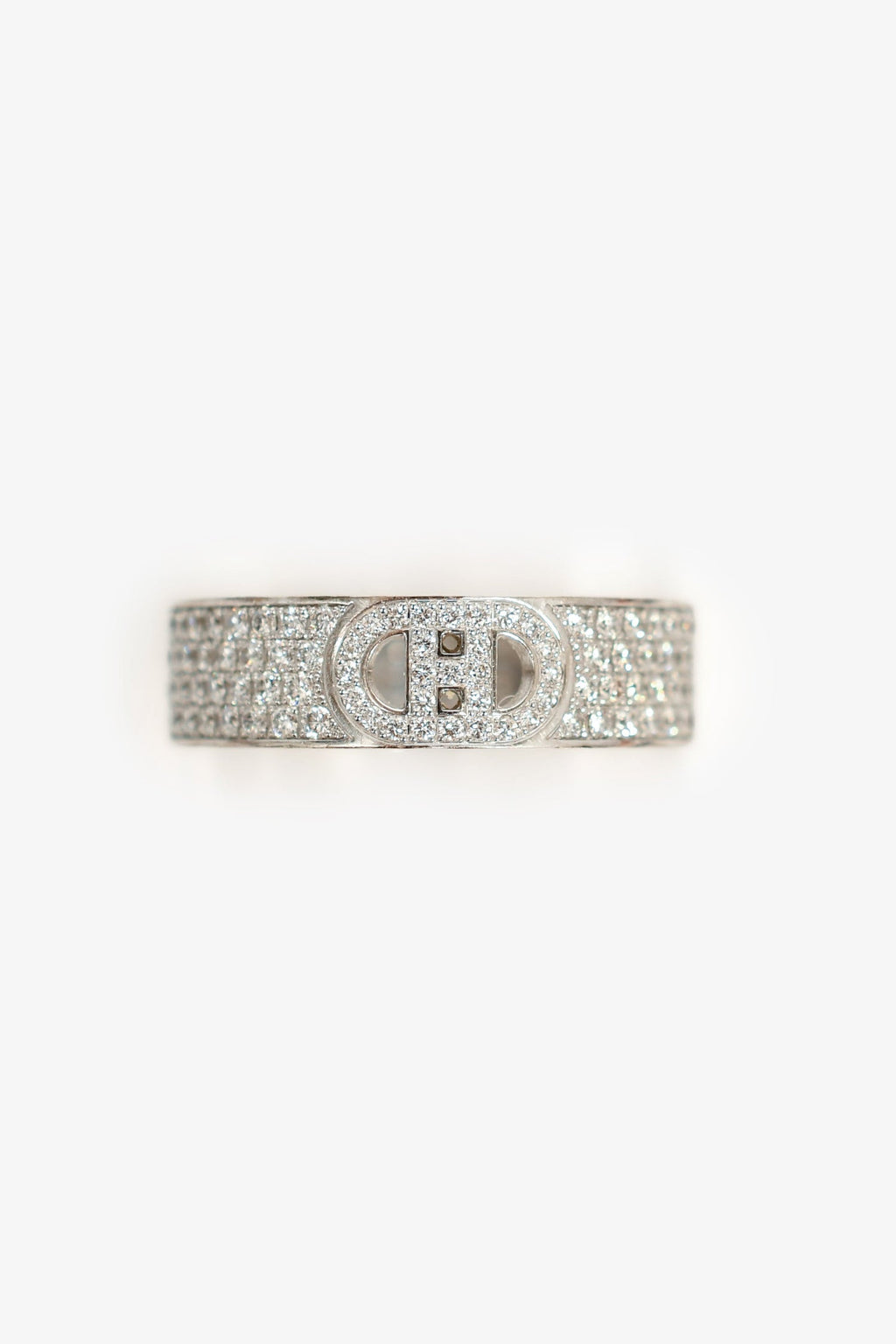 Hermès 18K White Gold Diamond Small H d'Ancre Ring Size 54