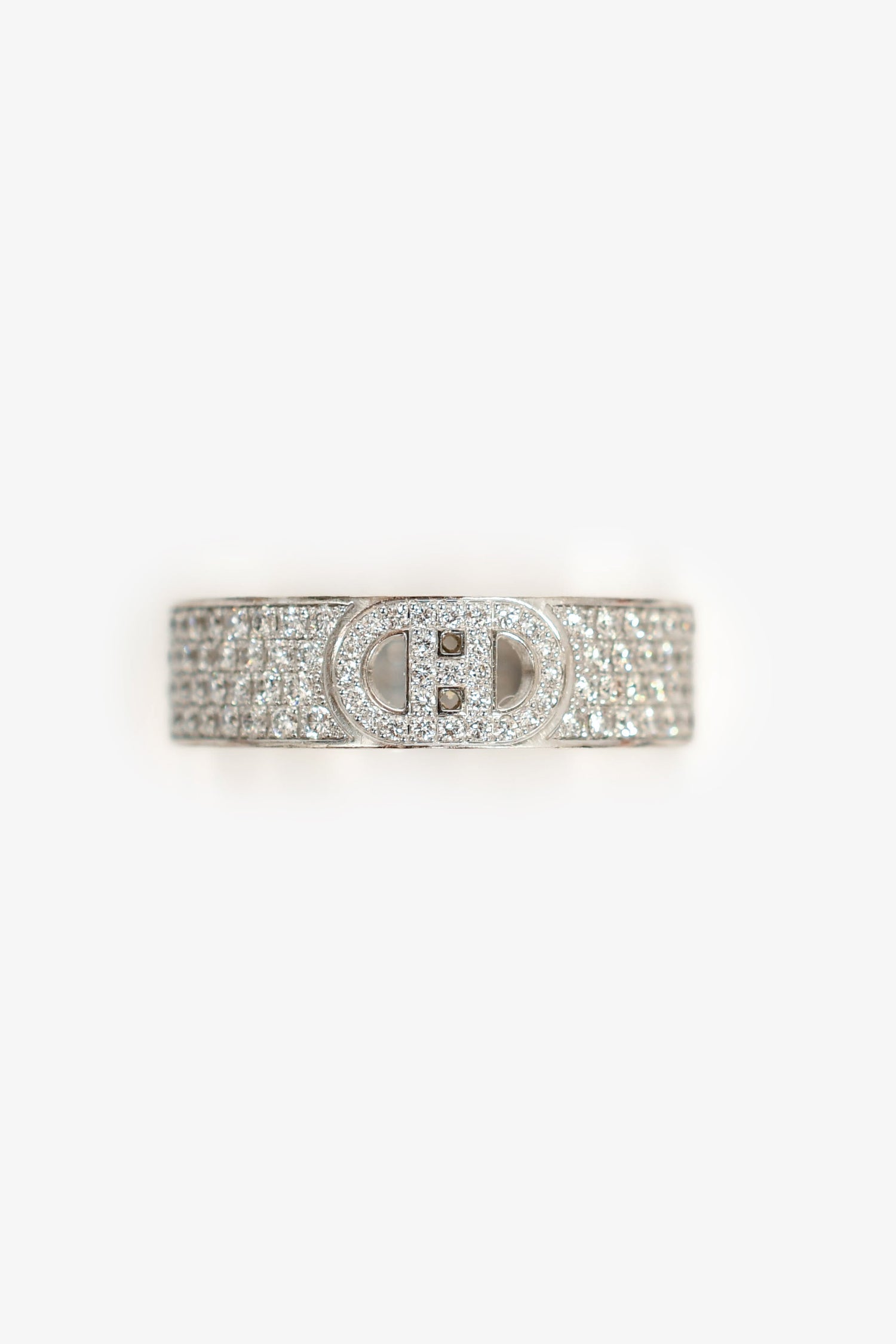 Hermès 18K White Gold Diamond Small H d'Ancre Ring Size 54