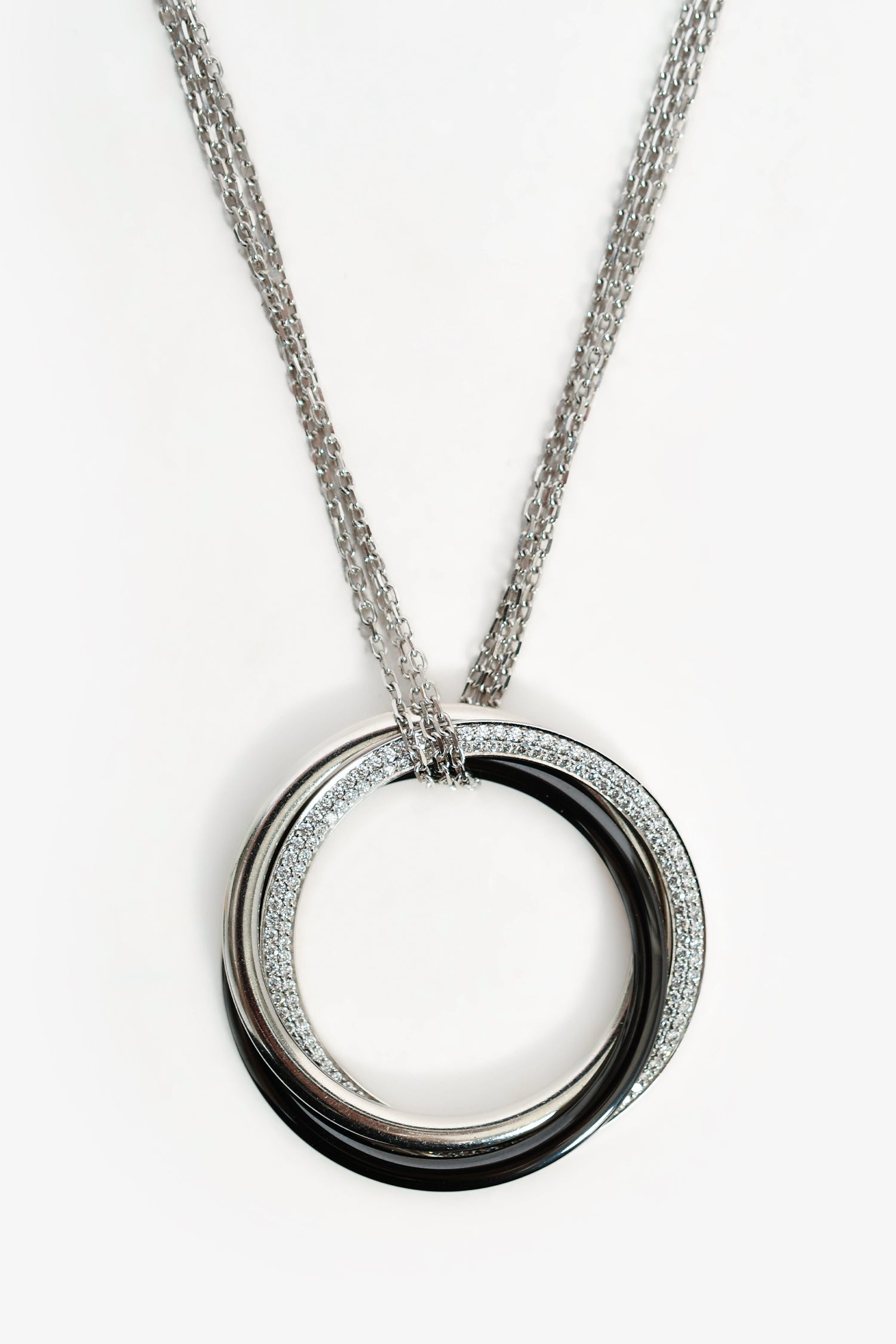 Cartier 18K White Gold/Platinum/Black Ceramic Diamond Trinity Necklace