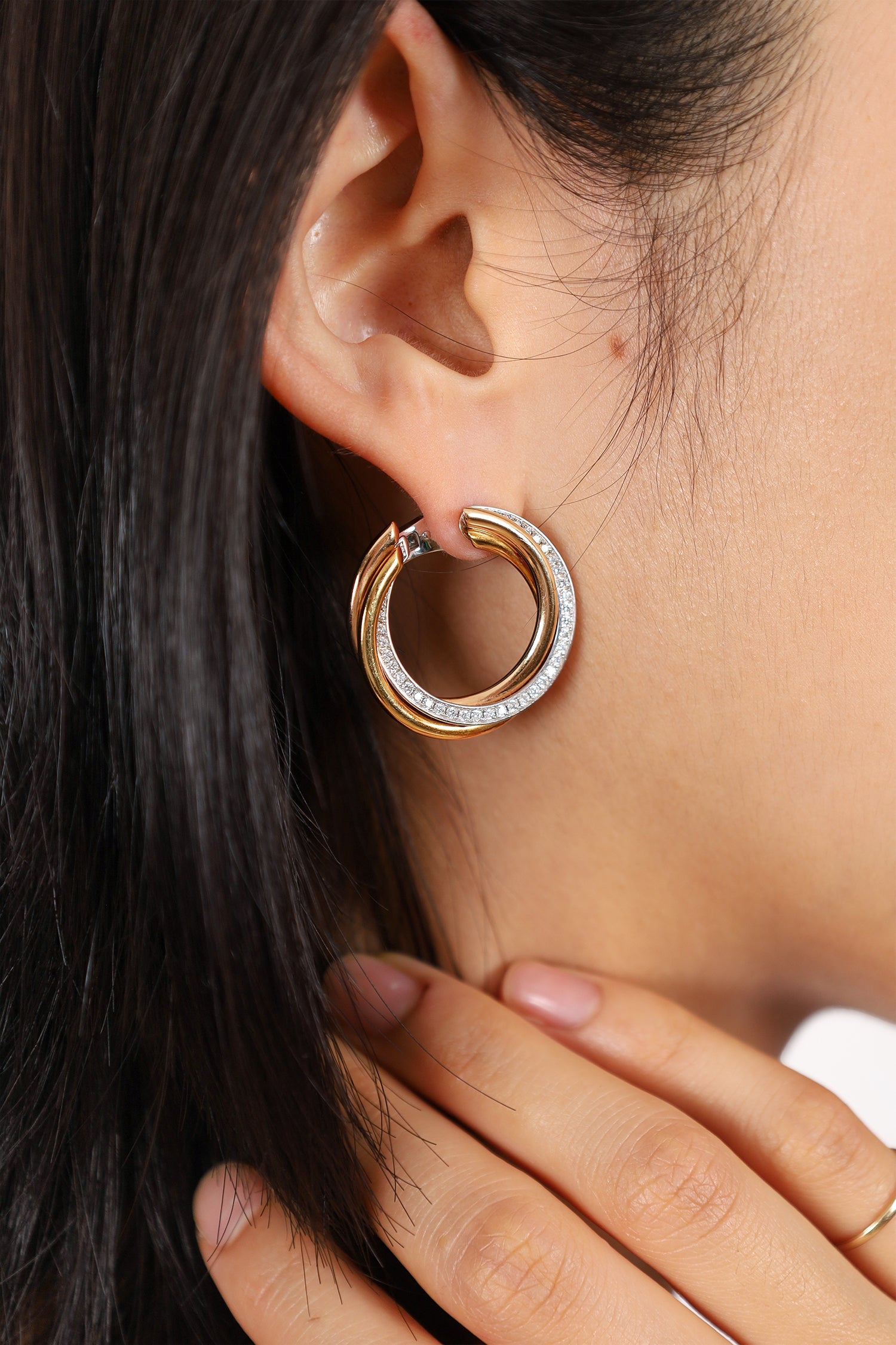 Cartier 18K Yellow/Rose/White Gold Diamond Trinity Hoop Earrings