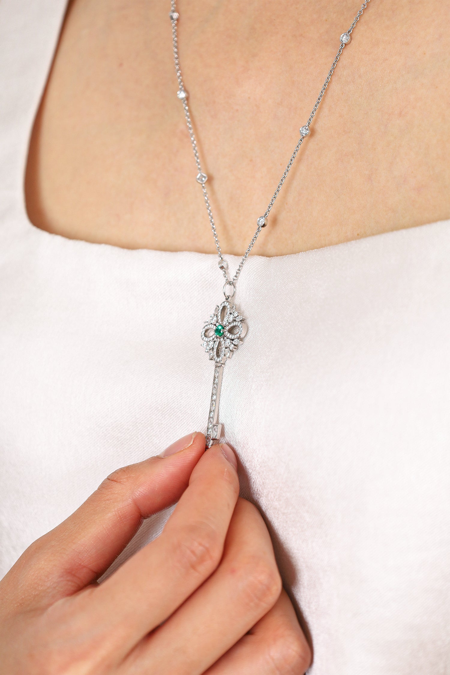 Tiffany & Co. Platinum Diamond Emerald Victoria Key Pendant on Diamond Station Chain