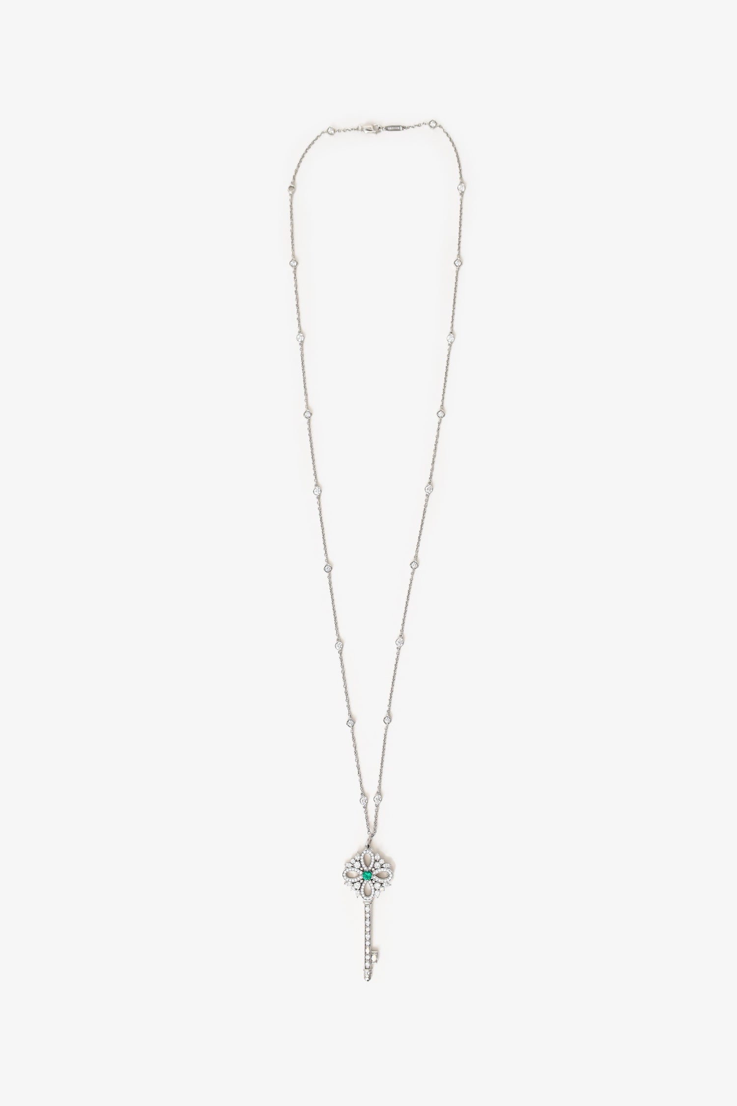Tiffany & Co. Platinum Diamond Emerald Victoria Key Pendant on Diamond Station Chain