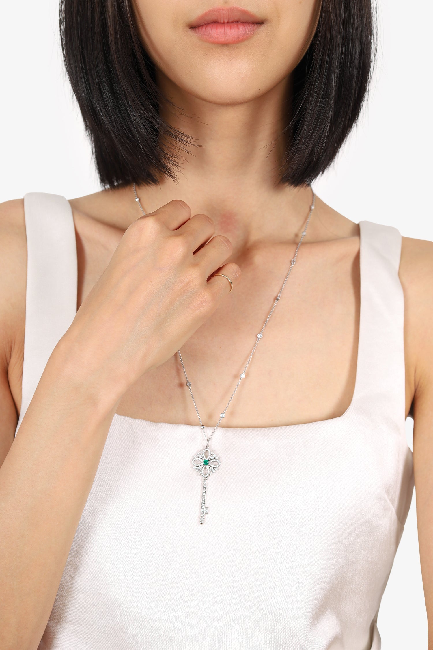 Tiffany & Co. Platinum Diamond Emerald Victoria Key Pendant on Diamond Station Chain