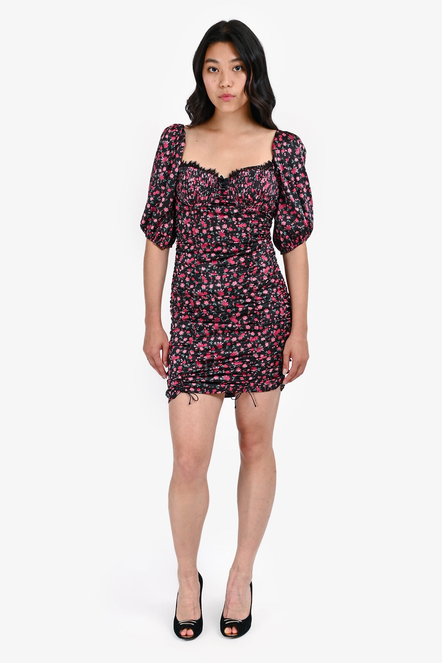 For Love & Lemons Black/Pink Floral Bustier Puff Sleeve Mini Dress Size M