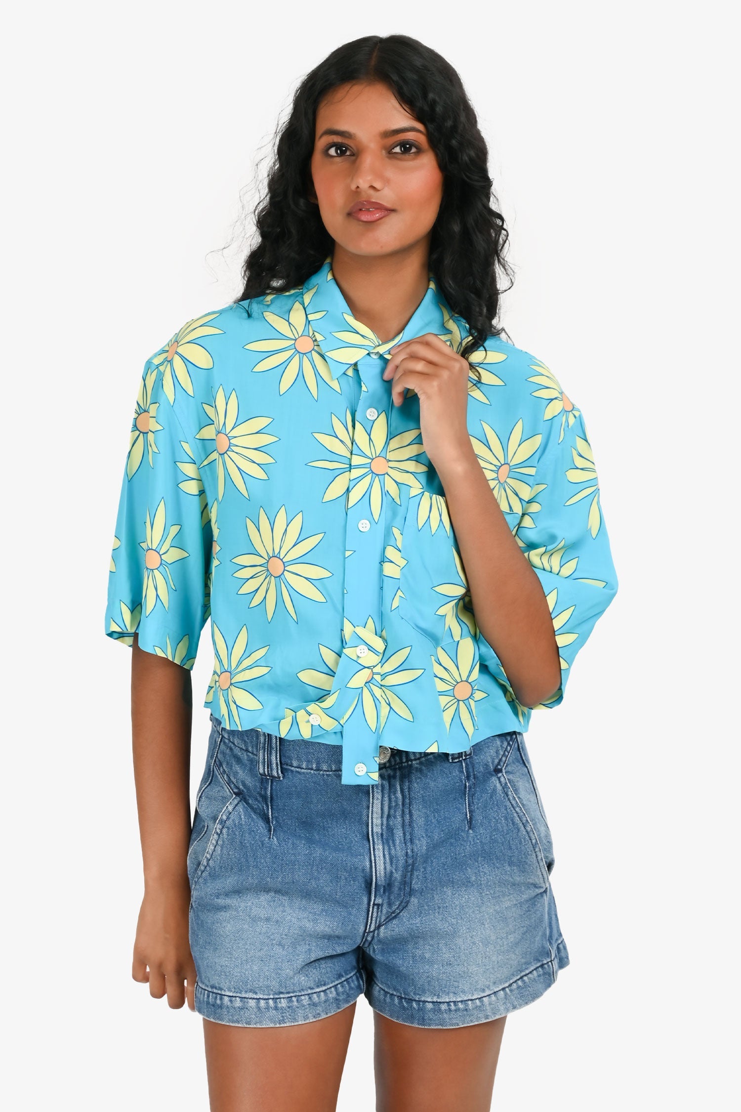 Jacquemus Blue Daisy Printed 'Le Splash' Buttoned Top Size XS