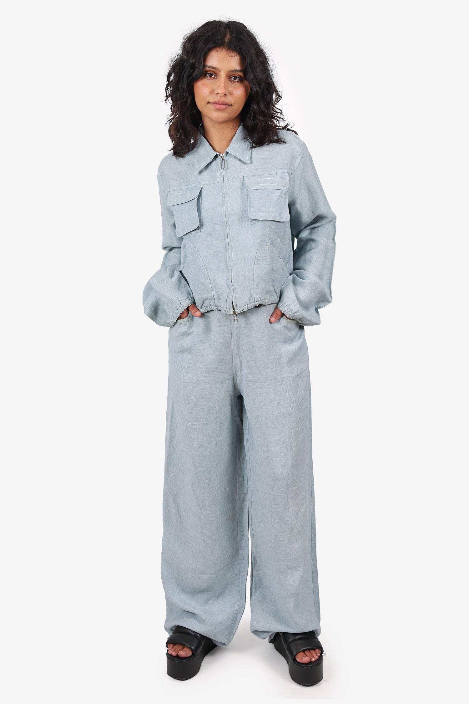 Jean Paul Gaultier Blue Linen Zip-up Jacket With Wide Leg Pants Set Size 6