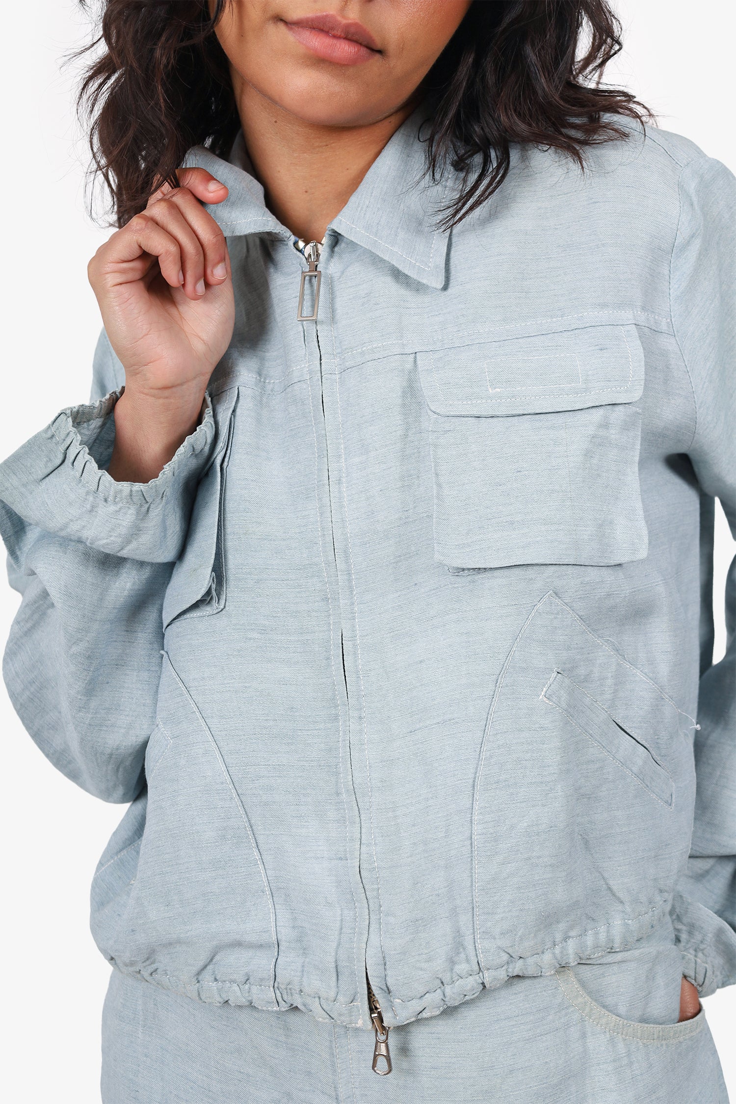 Jean Paul Gaultier Blue Linen Zip-up Jacket With Wide Leg Pants Set Size 6