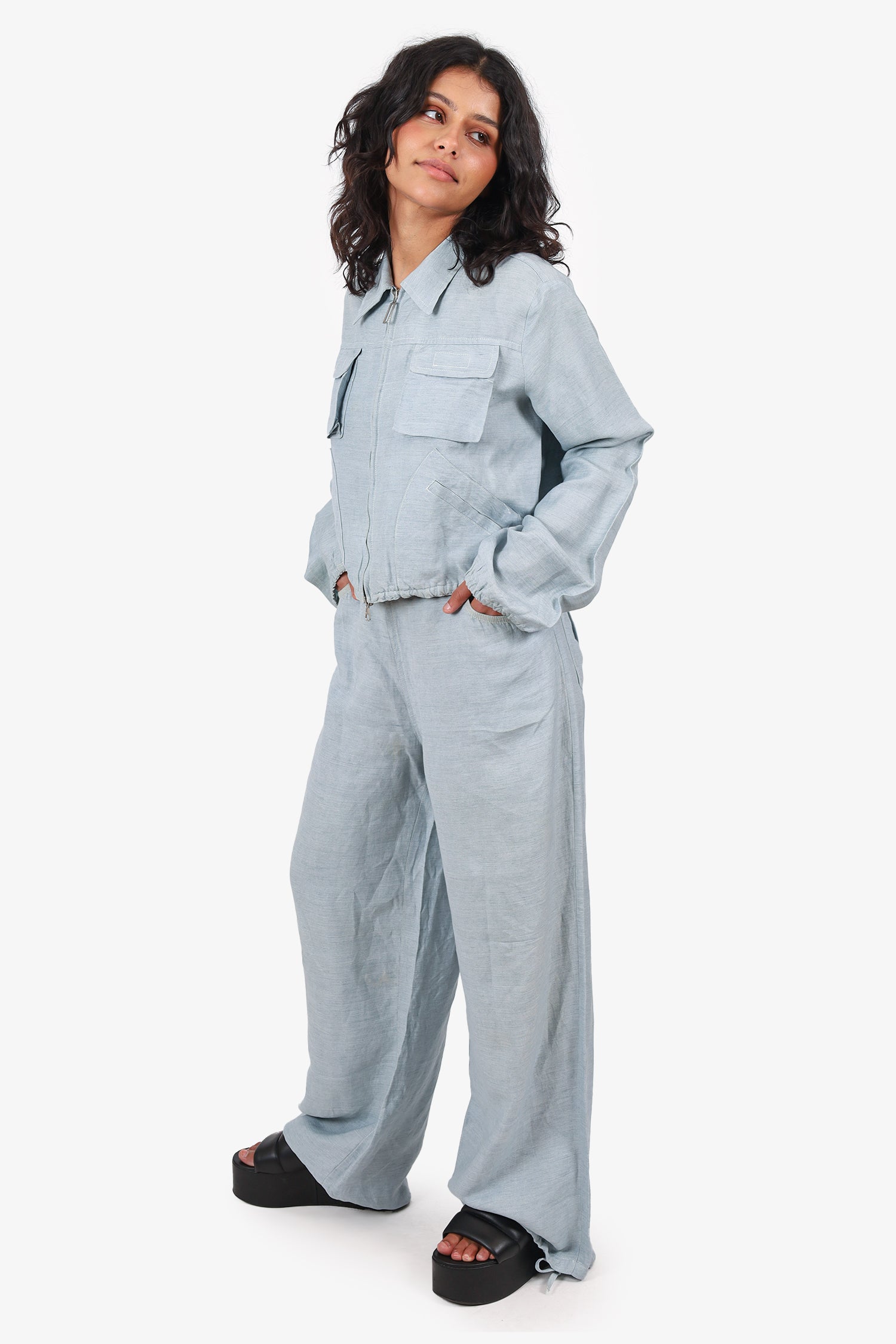 Jean Paul Gaultier Blue Linen Zip-up Jacket With Wide Leg Pants Set Size 6