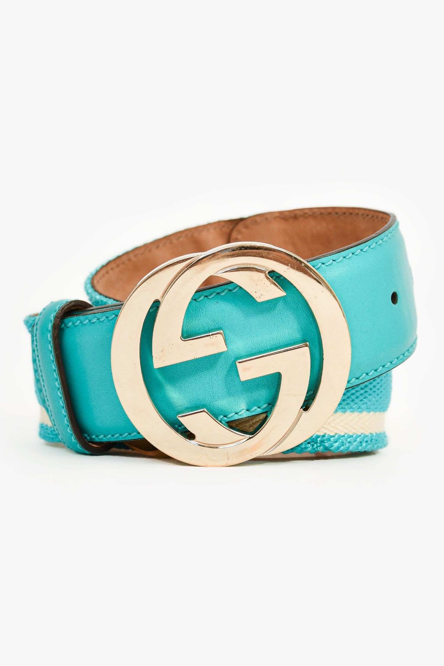 Gucci Blue/White Striped Canvas Gold GG Belt Size 35/34