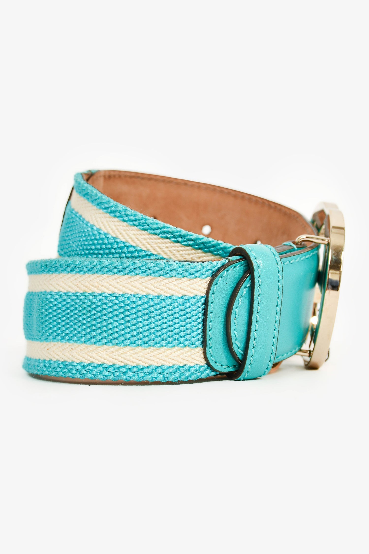 Gucci Blue/White Striped Canvas Gold GG Belt Size 35/34
