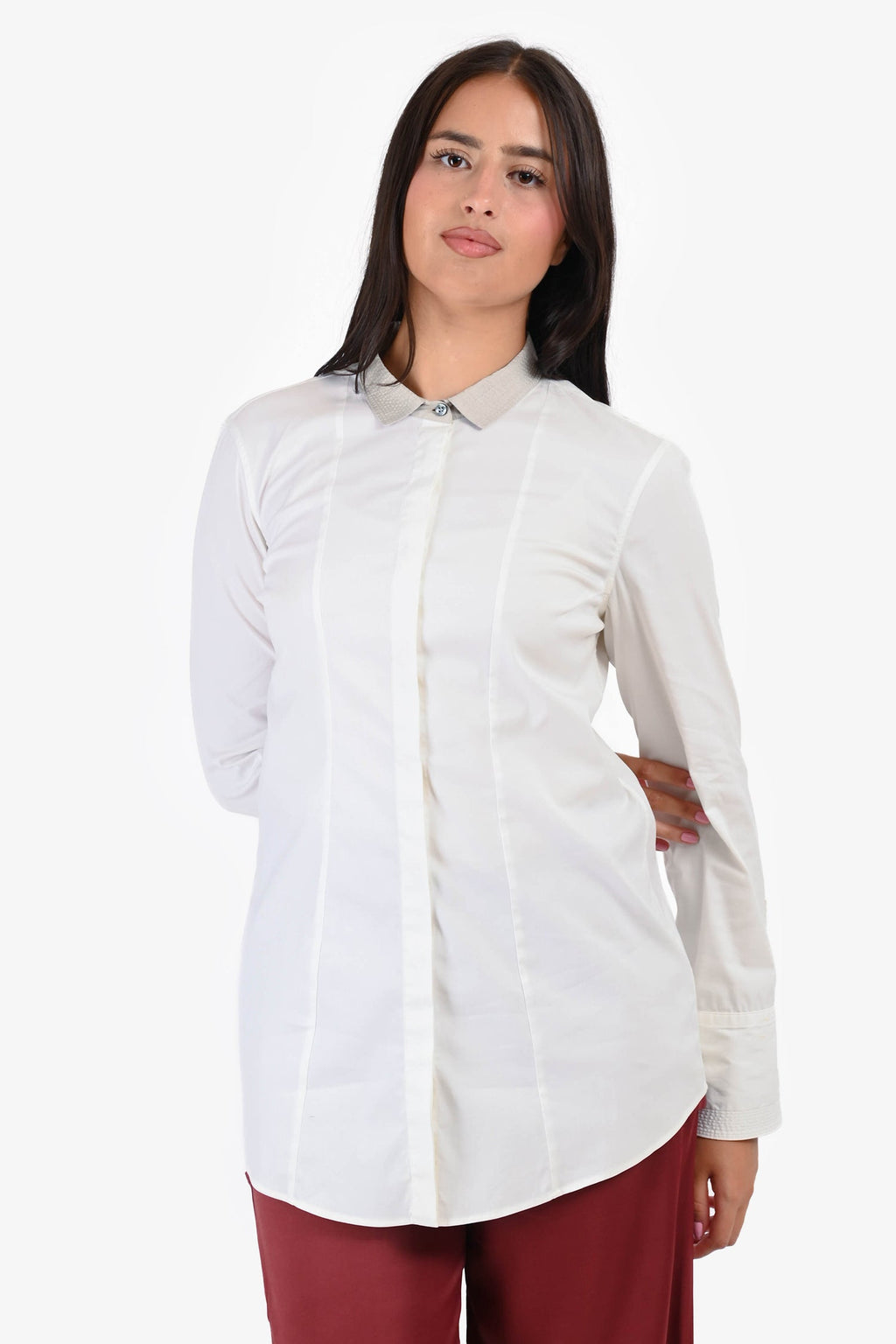 Brunello Cucinelli White Cotton grey Collar Button Up Top Size L