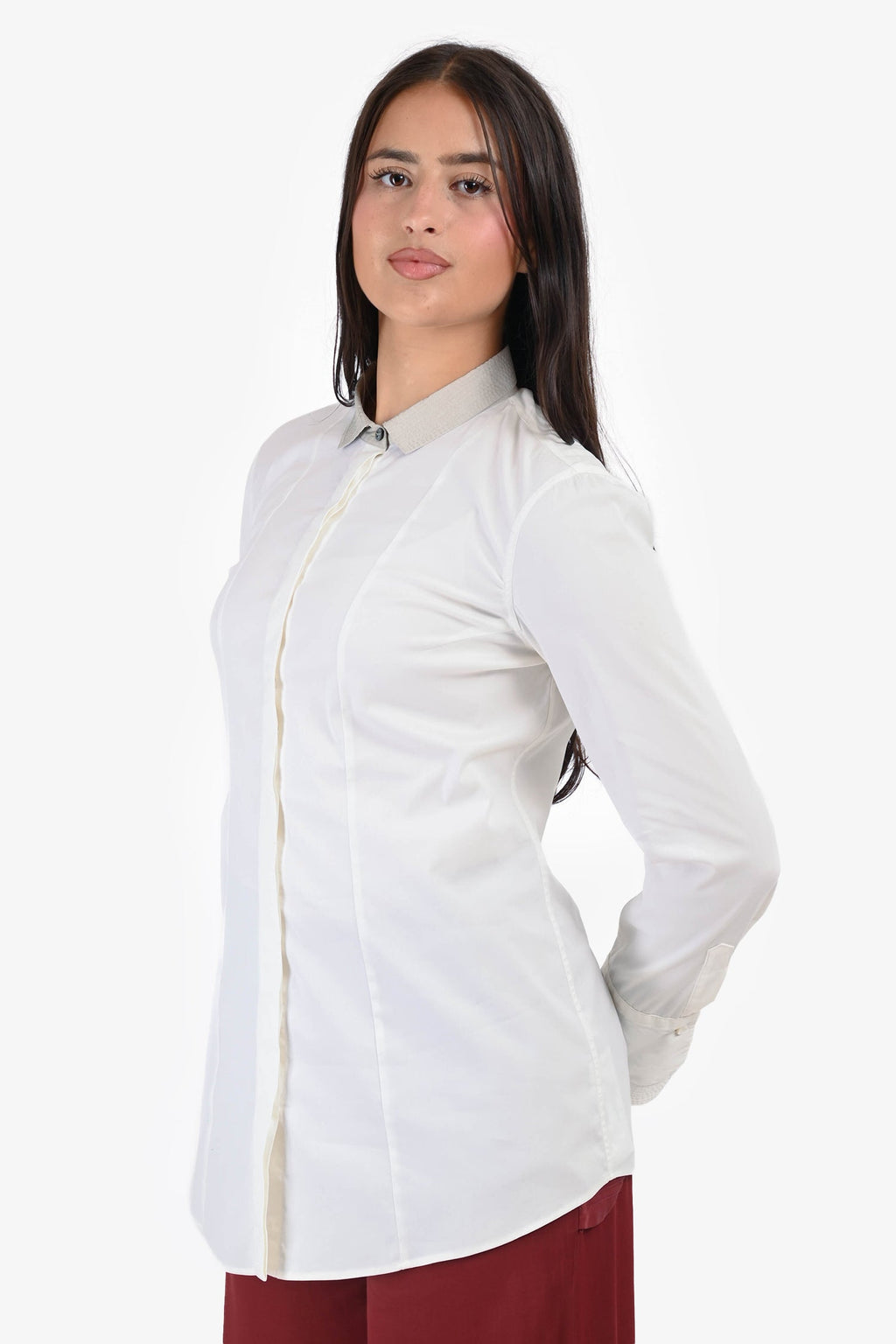 Brunello Cucinelli White Cotton grey Collar Button Up Top Size L