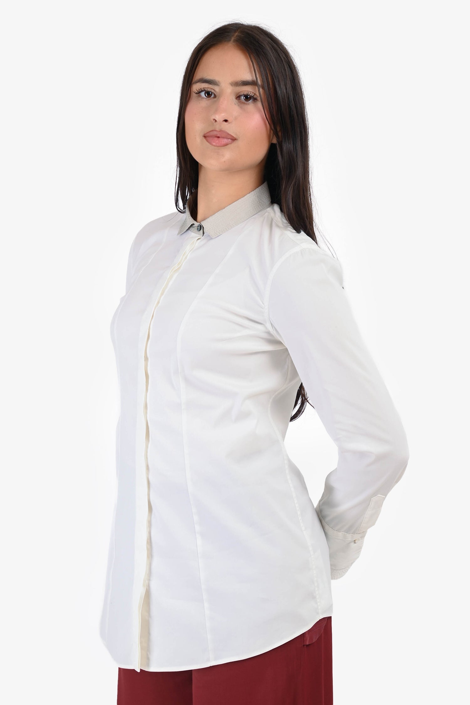 Brunello Cucinelli White Cotton grey Collar Button Up Top Size L