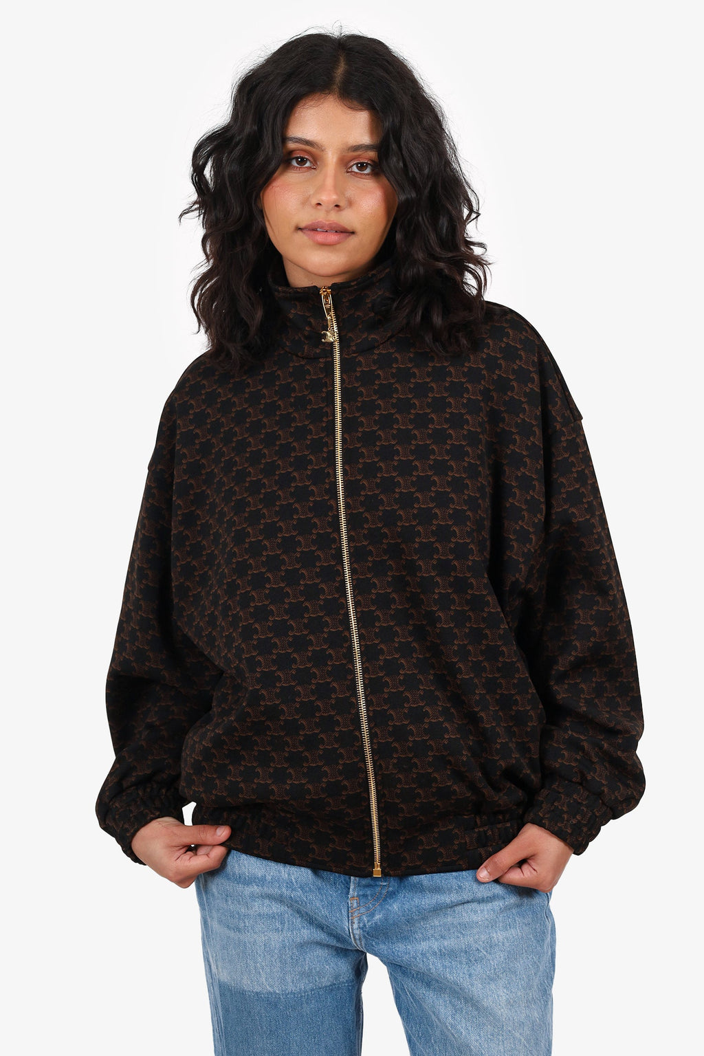 Celine Black/Brown Triomphe Logo Bomber Jacket Size S