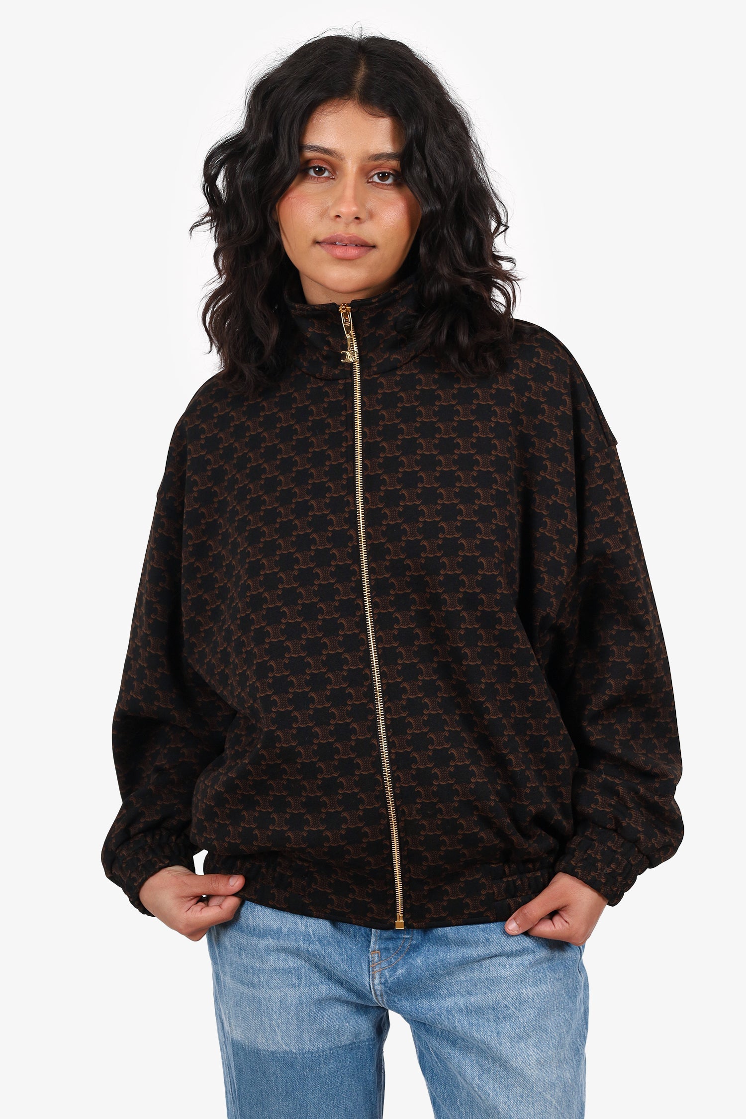 Celine Black/Brown Triomphe Logo Bomber Jacket Size S