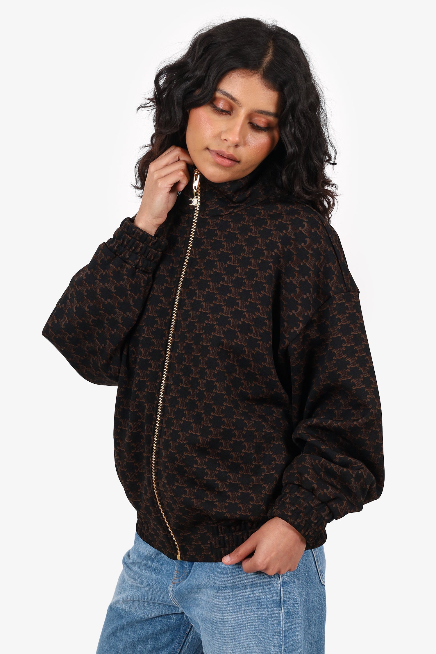 Celine Black/Brown Triomphe Logo Bomber Jacket Size S