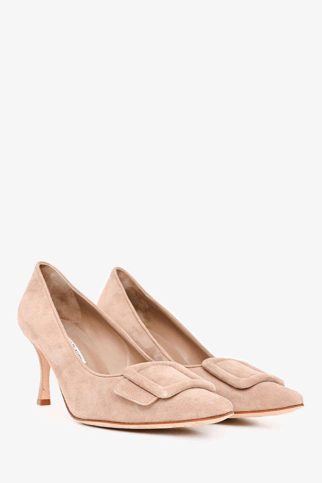 Manolo Blahnik Taupe Suede Leather Buckle Embellished Heels Size 39.5