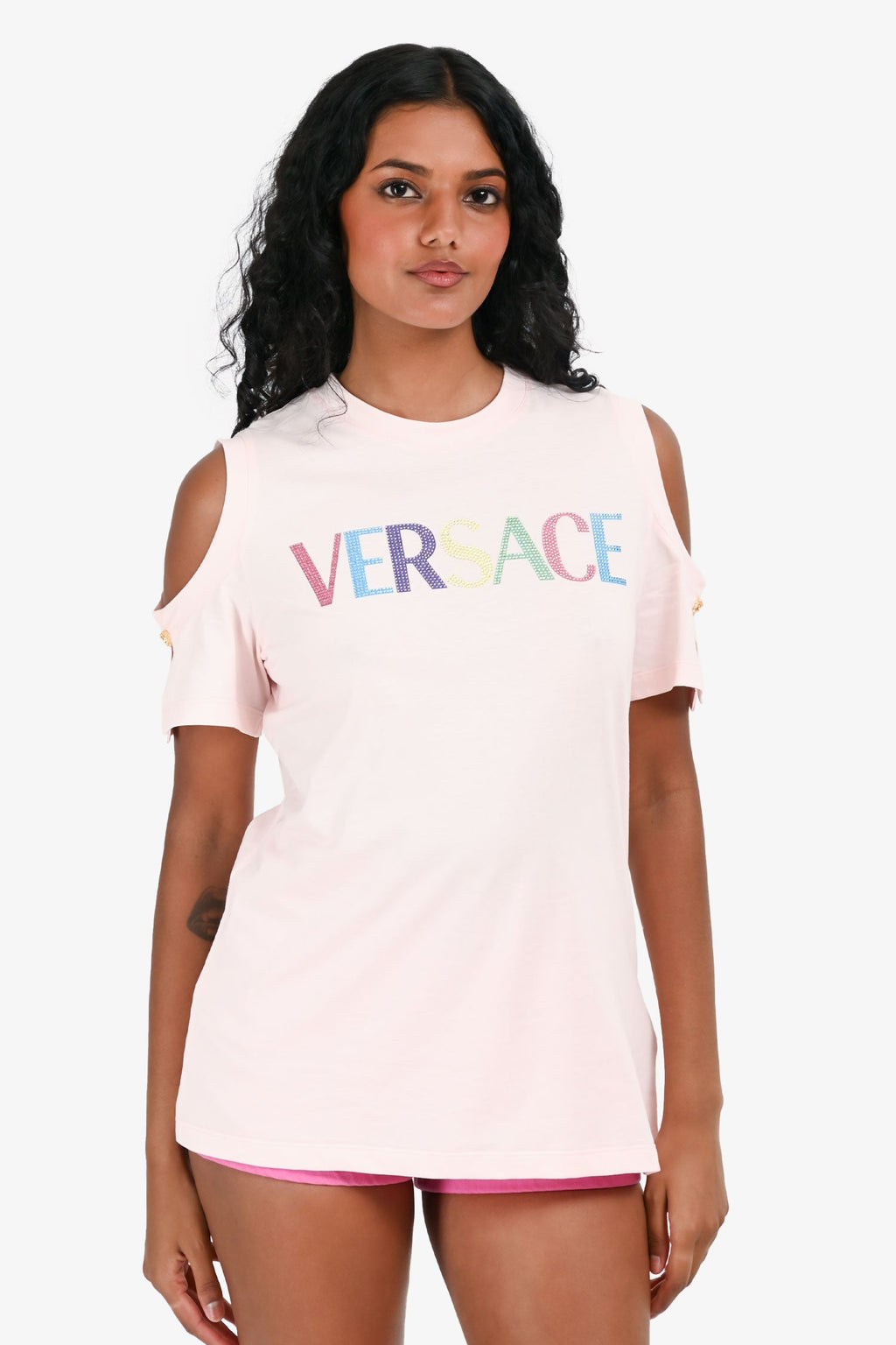 Versace Pink Cut-Out Crystal Logo Shirt Size 42