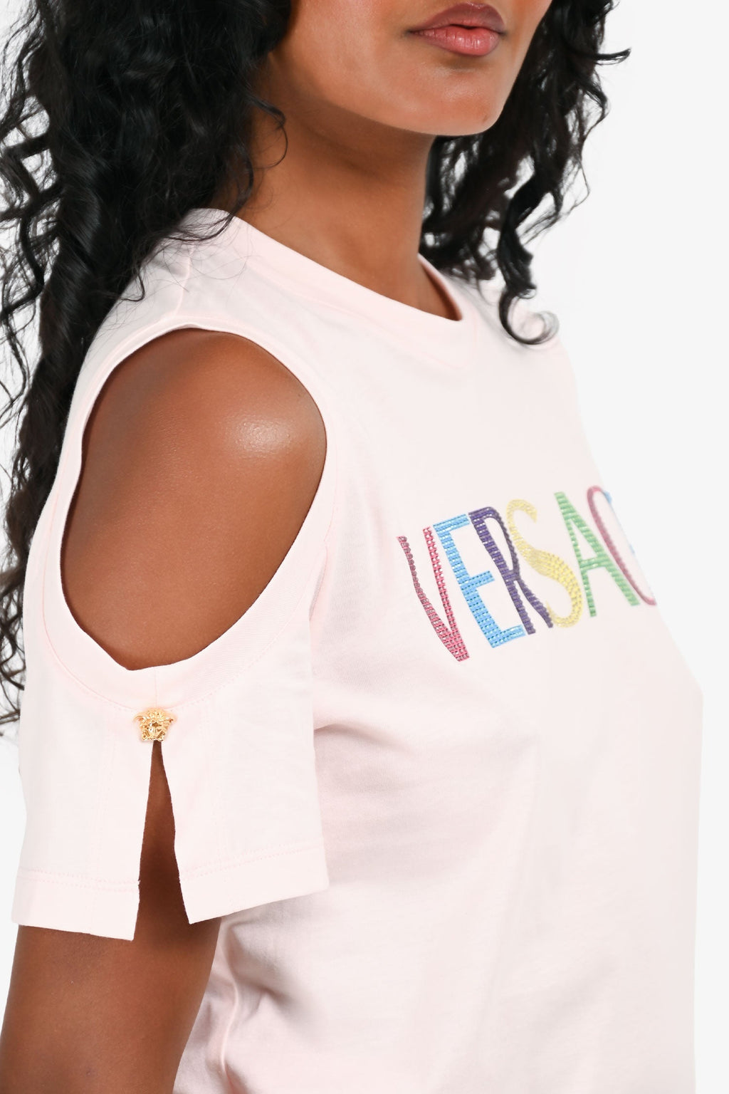 Versace Pink Cut-Out Crystal Logo Shirt Size 42