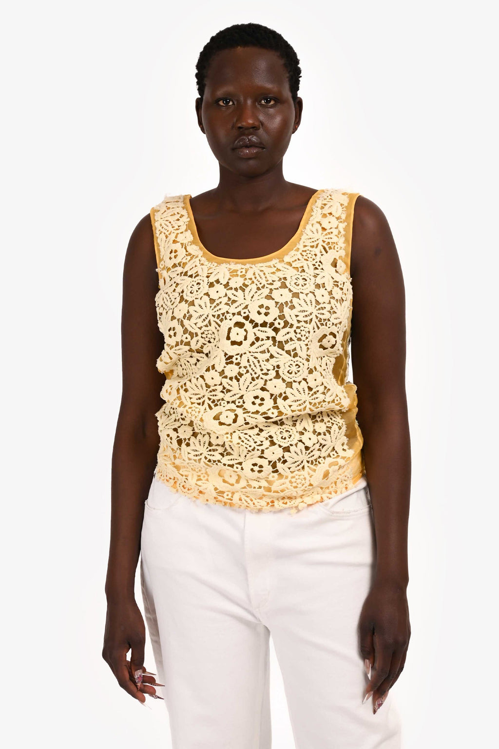 Miu Miu 2017 Yellow Mesh Floral Lace Top Size 36