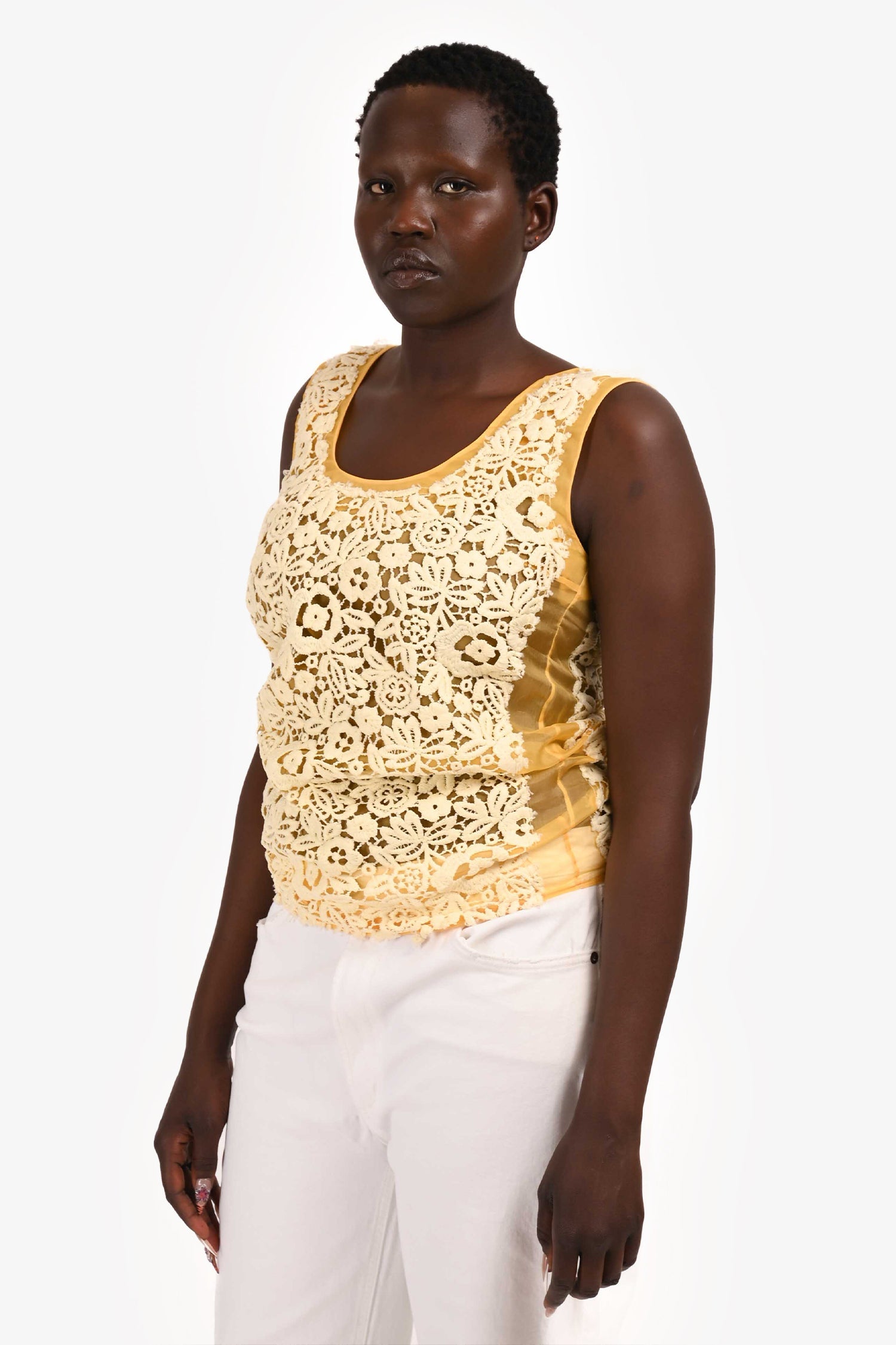 Miu Miu 2017 Yellow Mesh Floral Lace Top Size 36