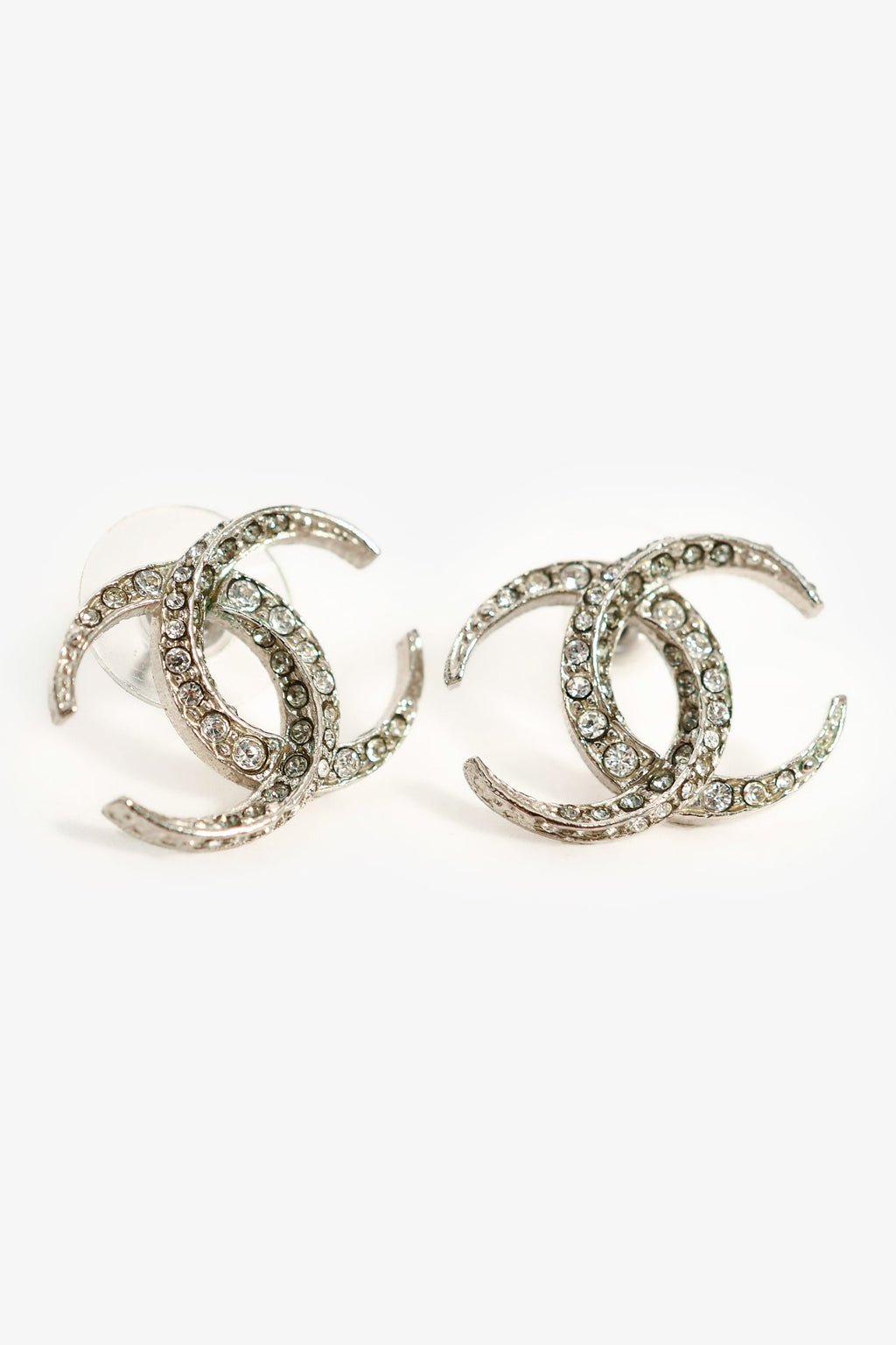 Pre-Loved Chanel™ 2015 Silver Tone Crystal Embellished CC Stud Earrings