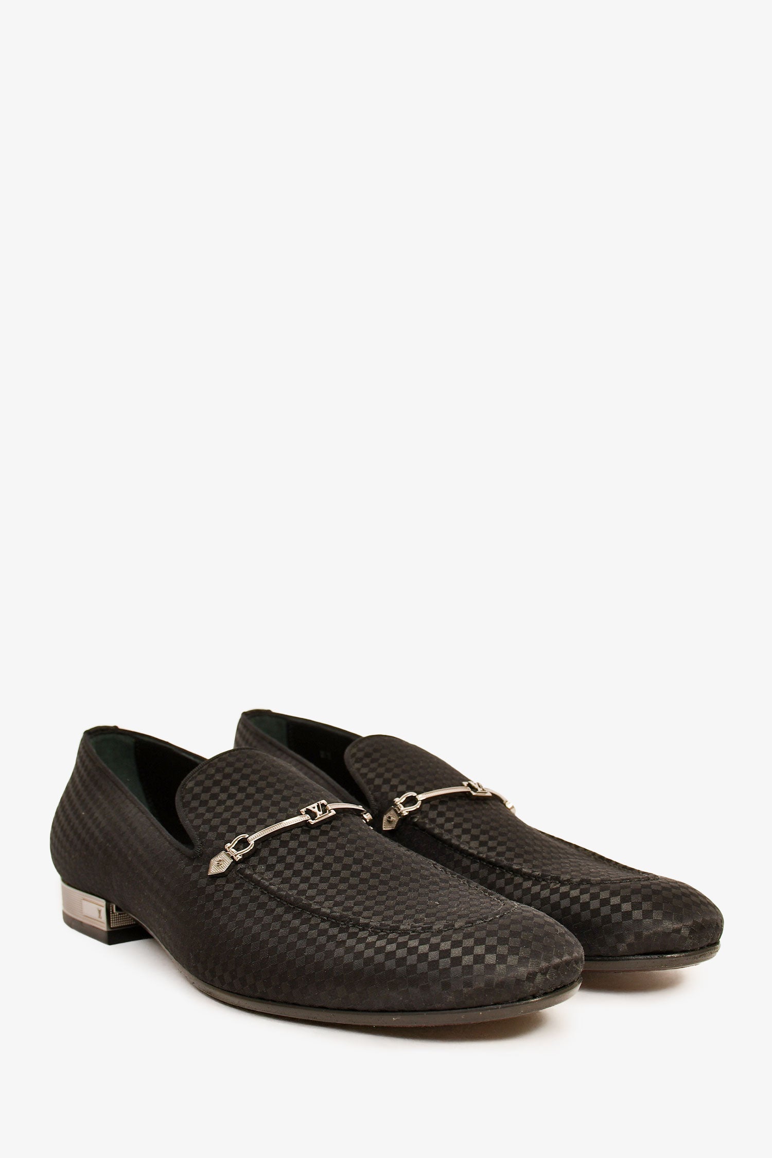 Louis Vuitton Black Satin Checker Logo Loafers Size 9.5 Mens
