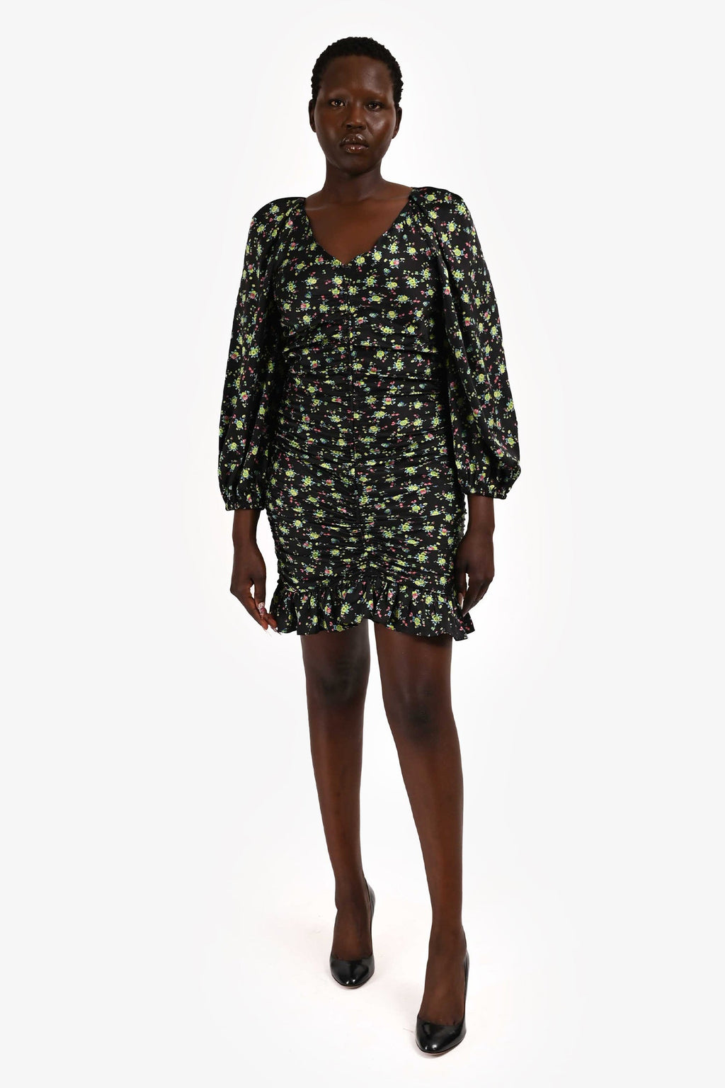 Sandro Black/Yellow Floral Print Long Sleeve Ruched Mini Dress Size 42