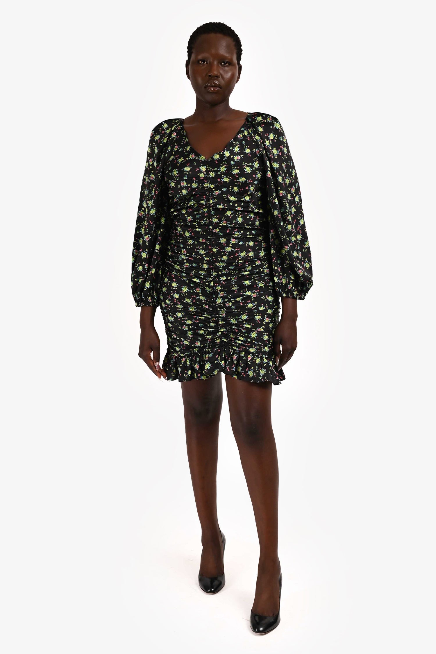 Sandro Black/Yellow Floral Print Long Sleeve Ruched Mini Dress Size 42
