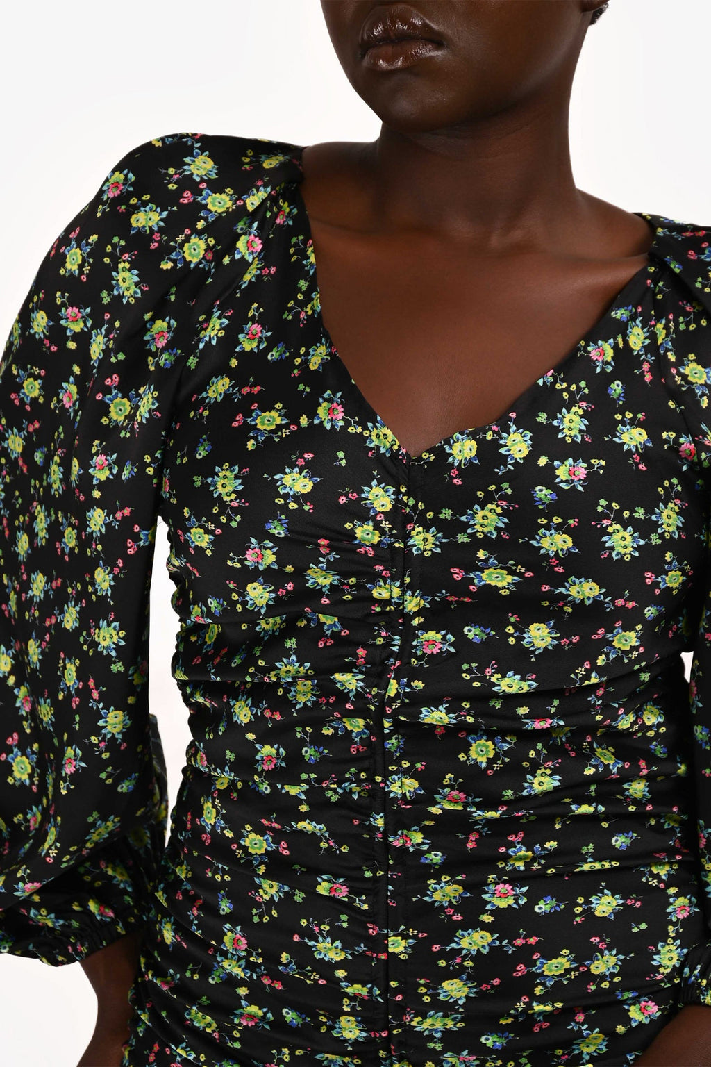 Sandro Black/Yellow Floral Print Long Sleeve Ruched Mini Dress Size 42