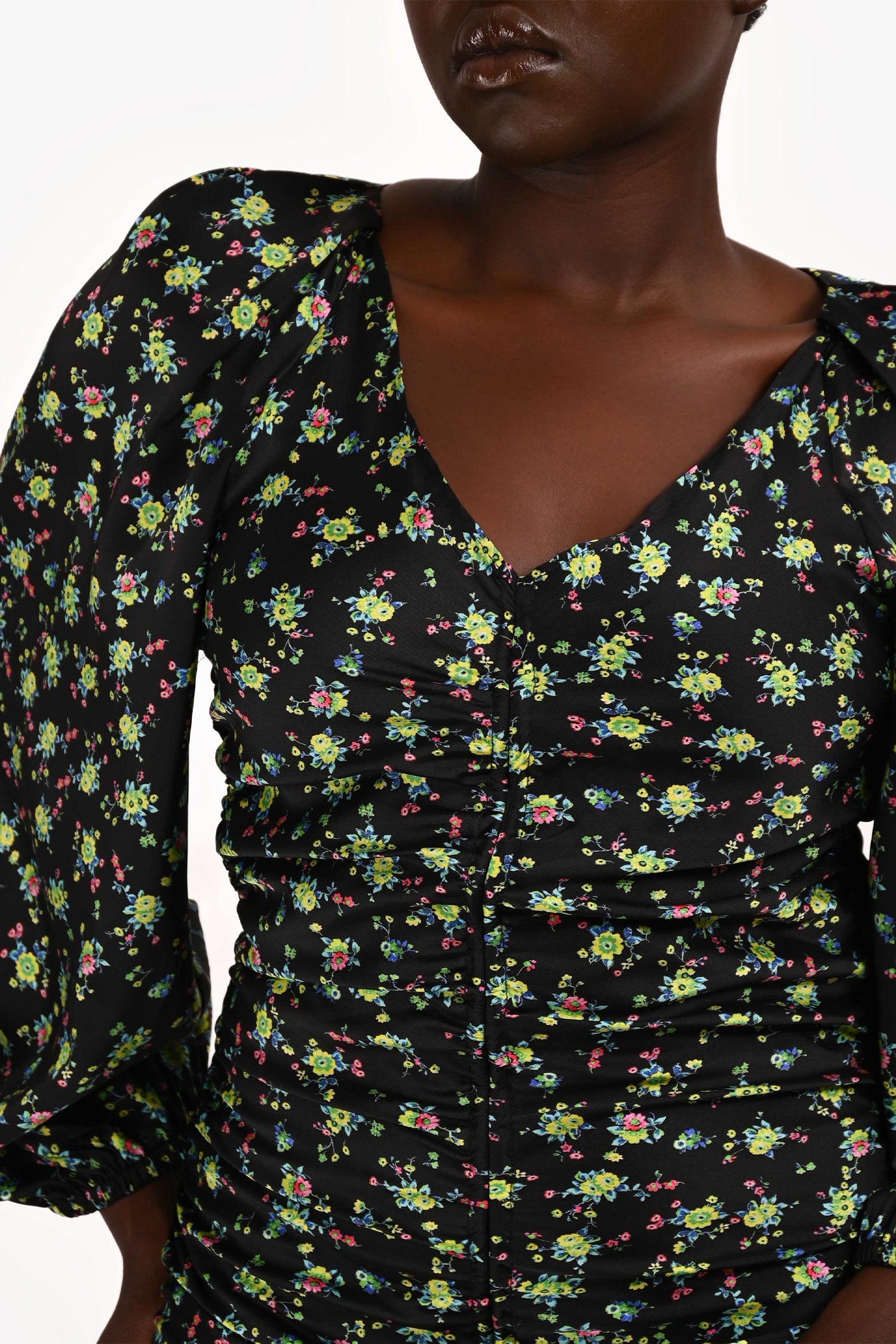 Sandro Black/Yellow Floral Print Long Sleeve Ruched Mini Dress Size 42