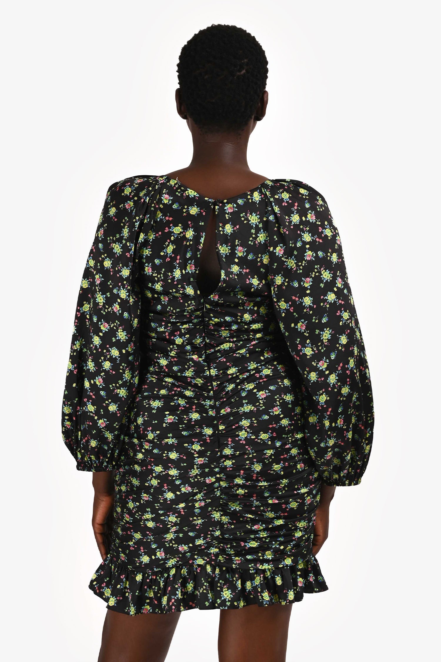 Sandro Black/Yellow Floral Print Long Sleeve Ruched Mini Dress Size 42