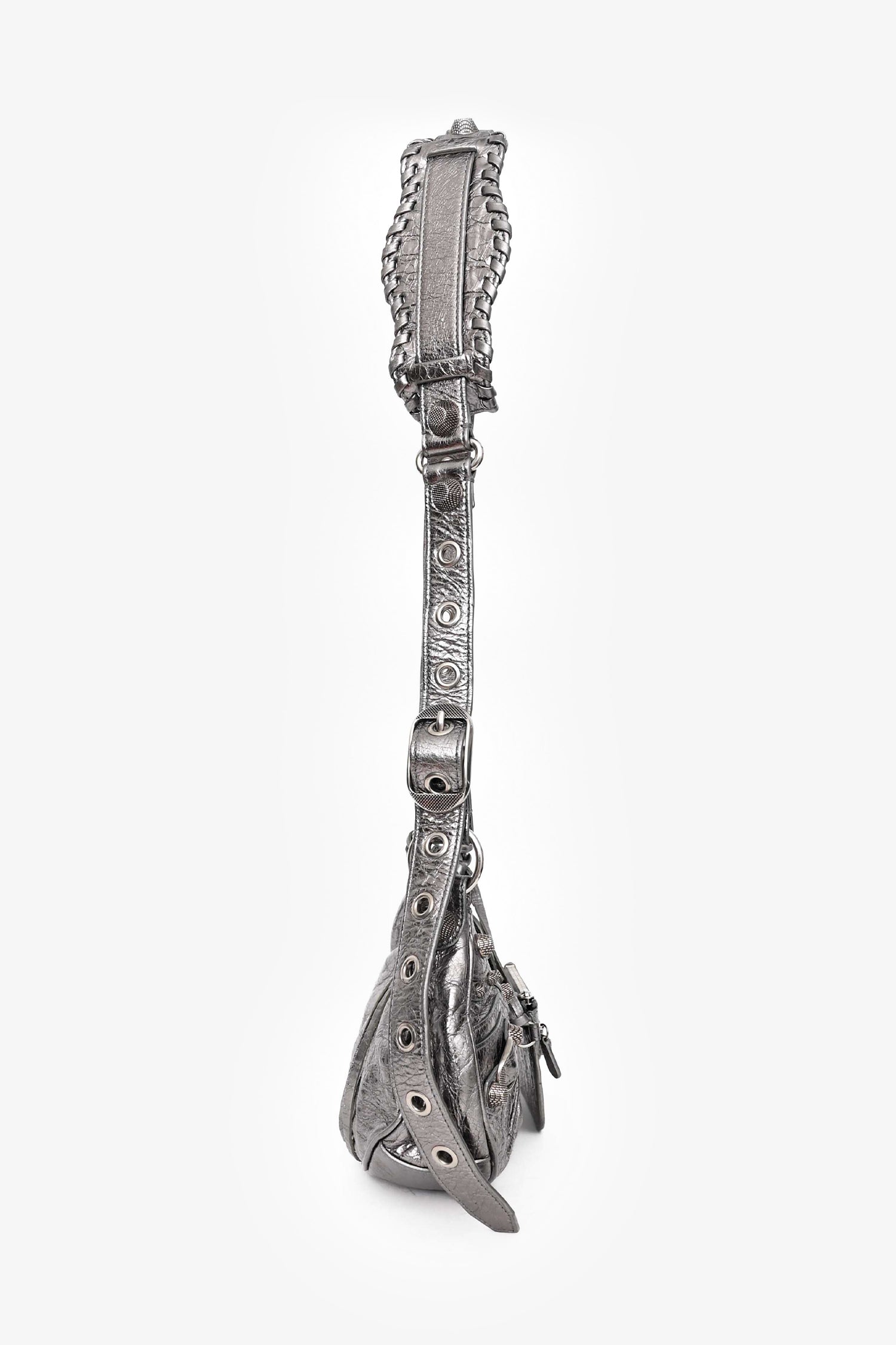 Balenciaga Silver Metallic Leather Studded 'Cagole' Shoulder Bag
