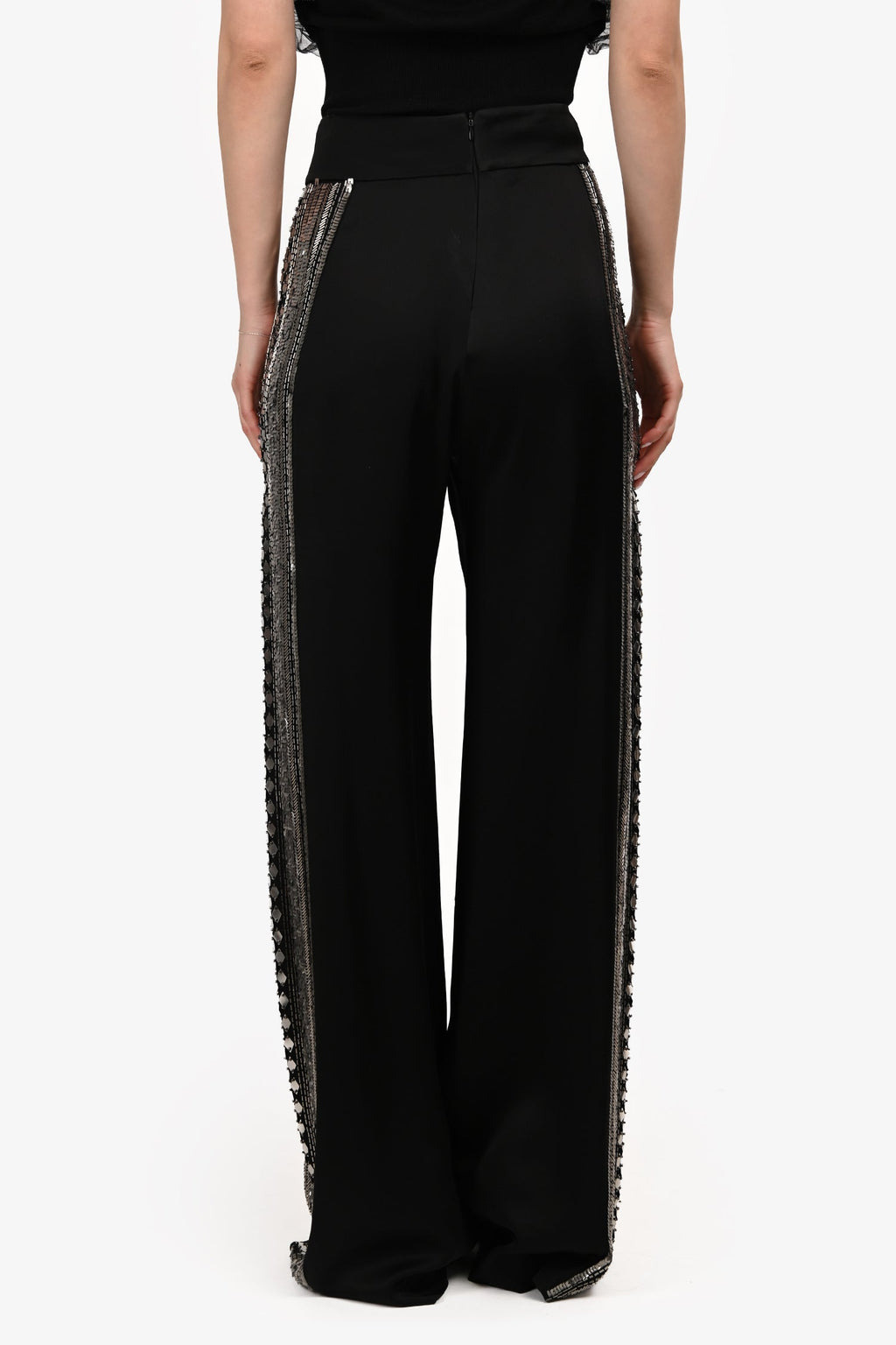 Alberta Ferretti Black Satin Embellished Tuxedo Pants Size 4