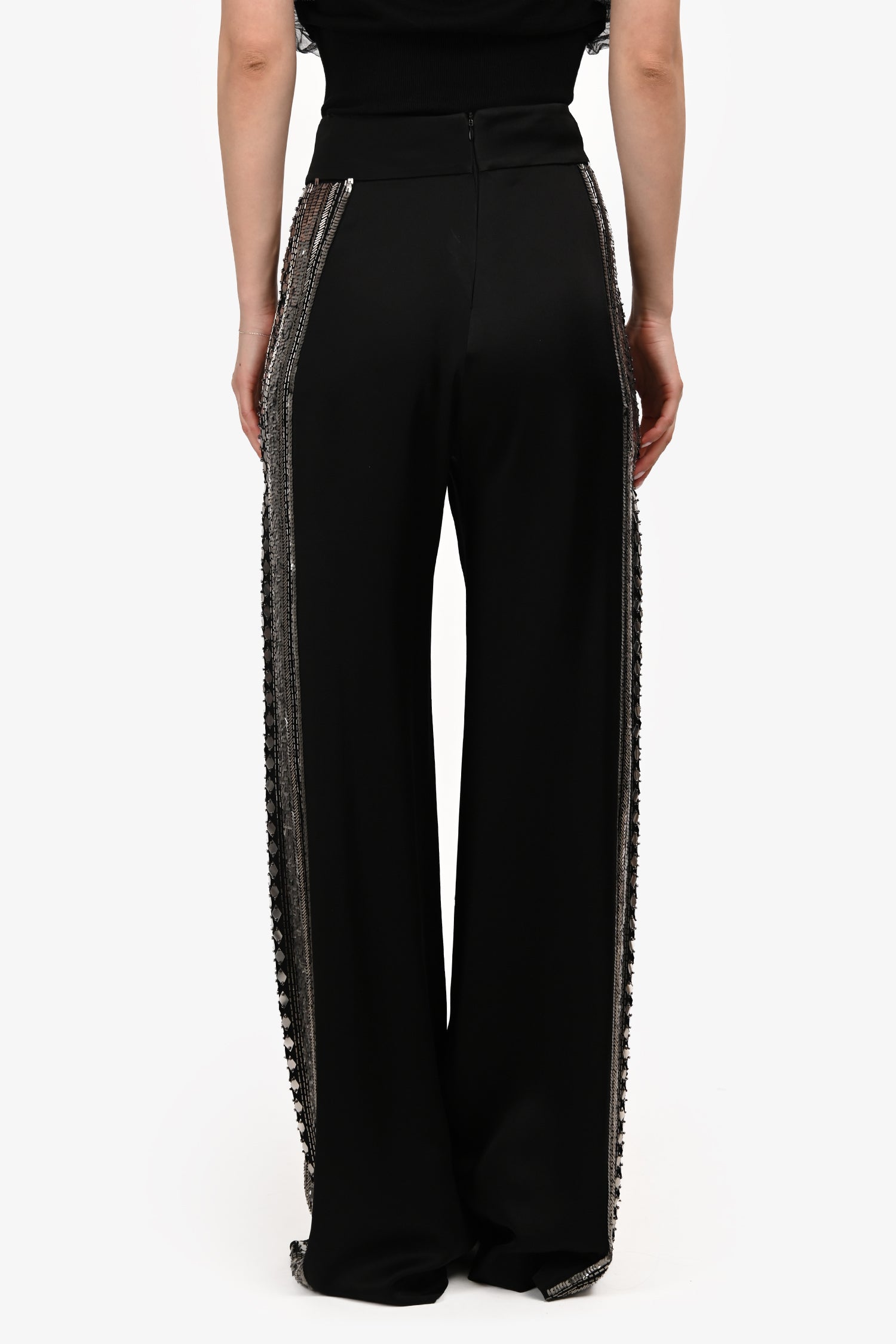Alberta Ferretti Black Satin Embellished Tuxedo Pants Size 4