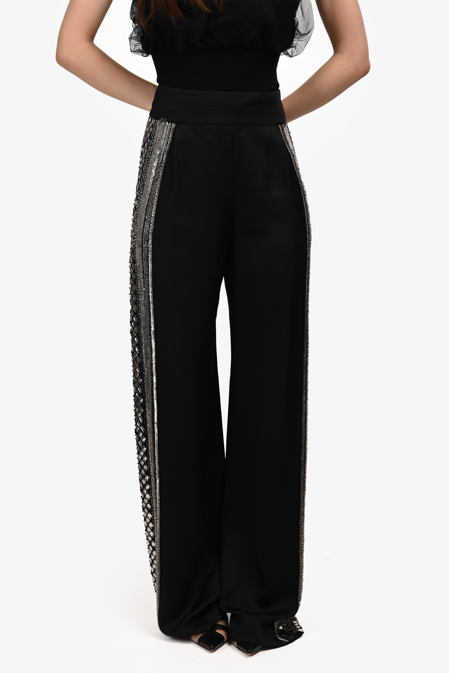Alberta Ferretti Black Satin Embellished Tuxedo Pants Size 4