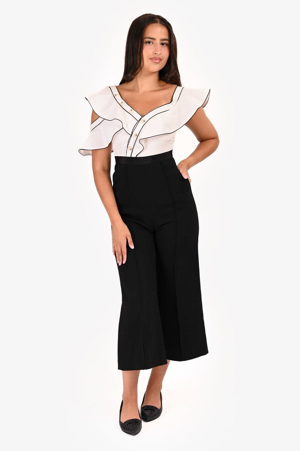 Self-Portrait White/Black Asymmetrical Buttoned Pantsuit Size 4