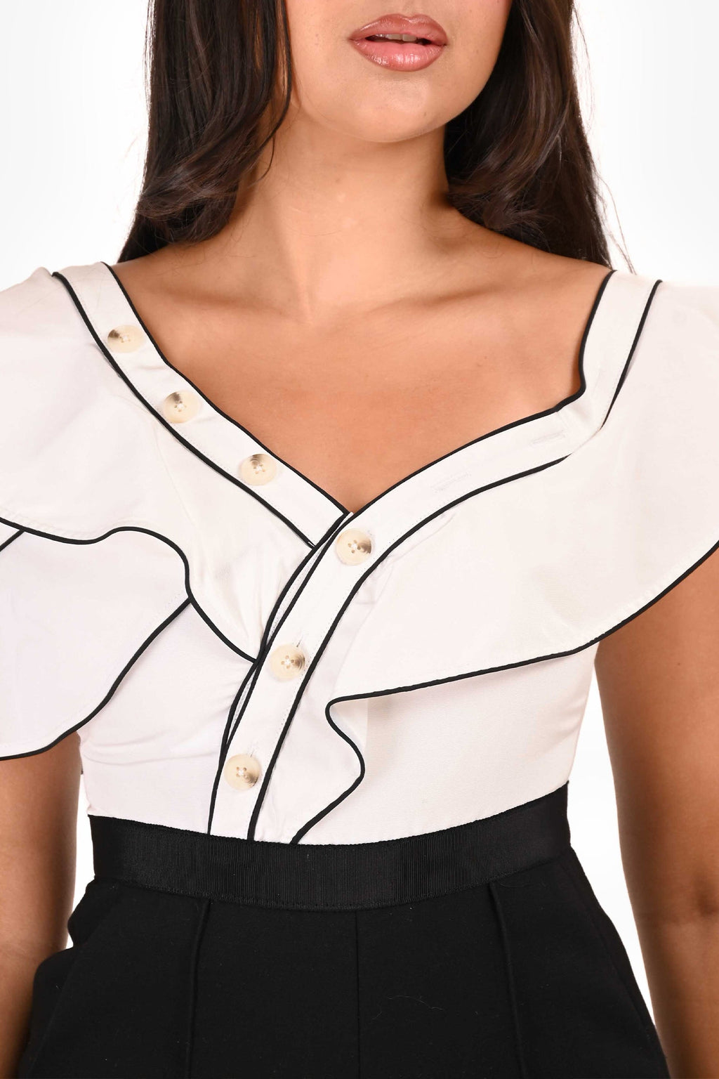 Self-Portrait White/Black Asymmetrical Buttoned Pantsuit Size 4