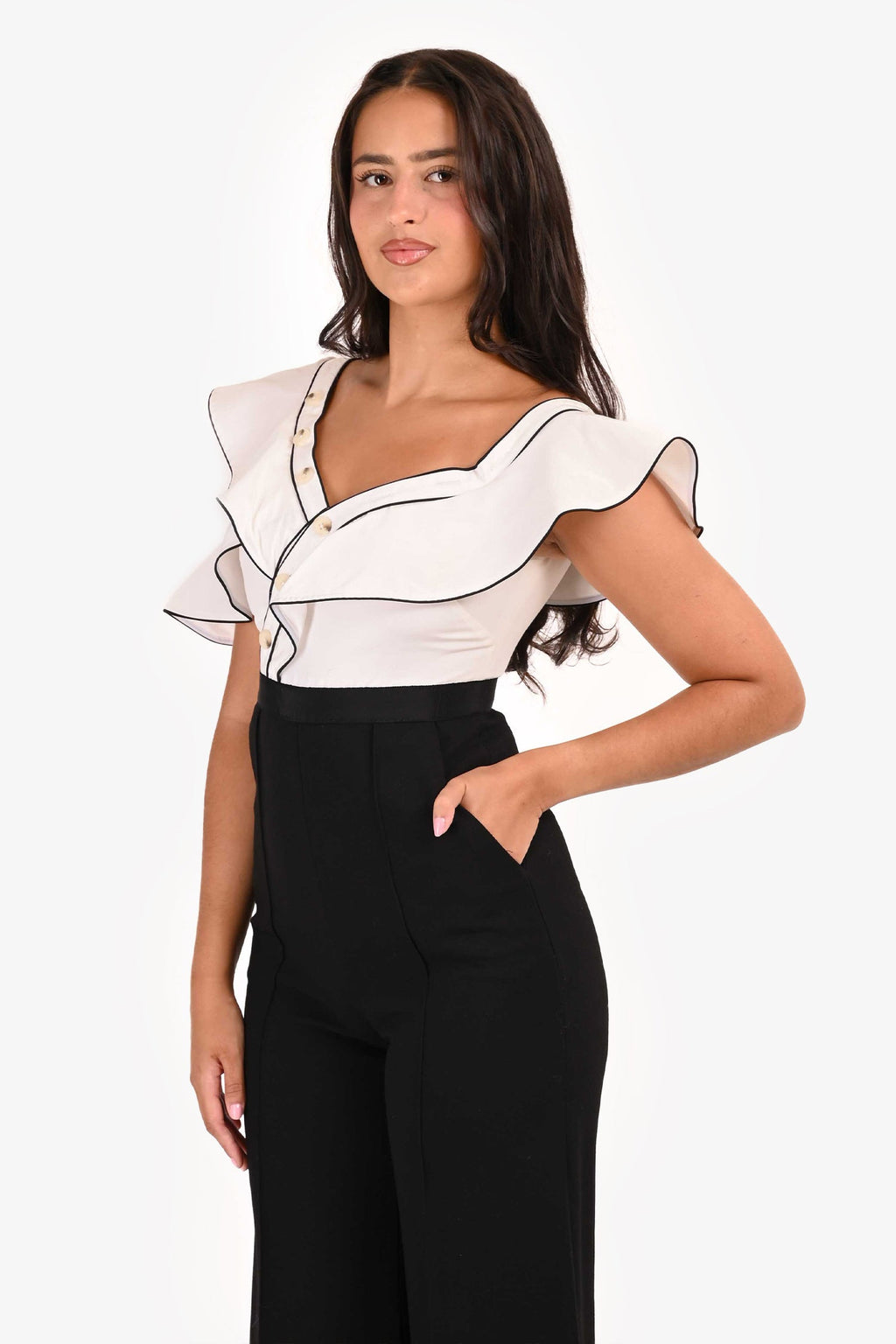 Self-Portrait White/Black Asymmetrical Buttoned Pantsuit Size 4