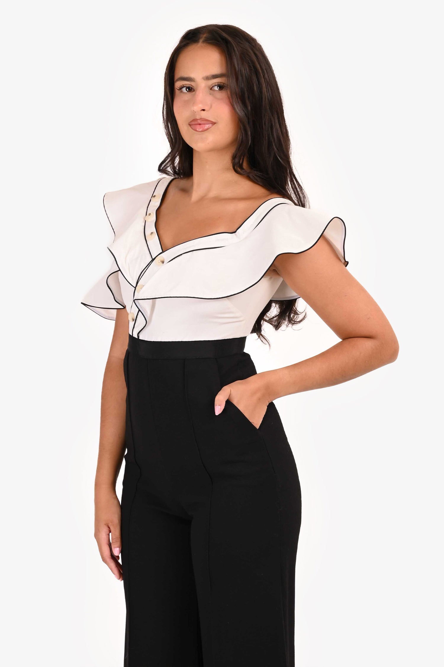 Self-Portrait White/Black Asymmetrical Buttoned Pantsuit Size 4