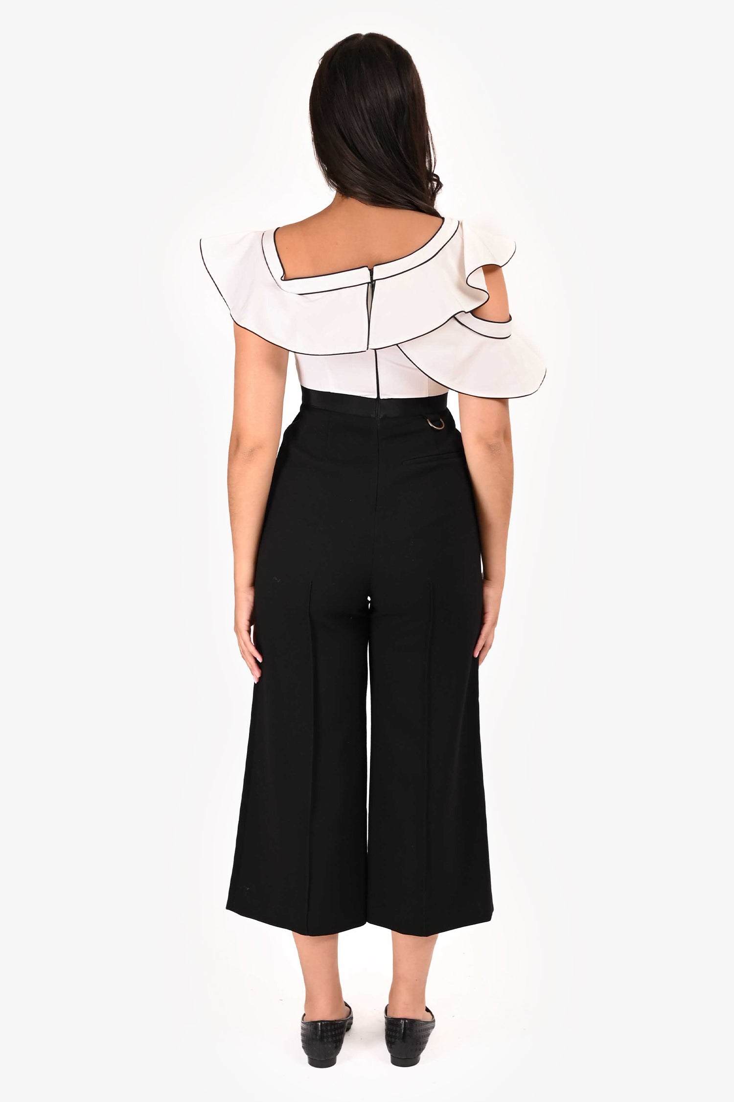 Self-Portrait White/Black Asymmetrical Buttoned Pantsuit Size 4