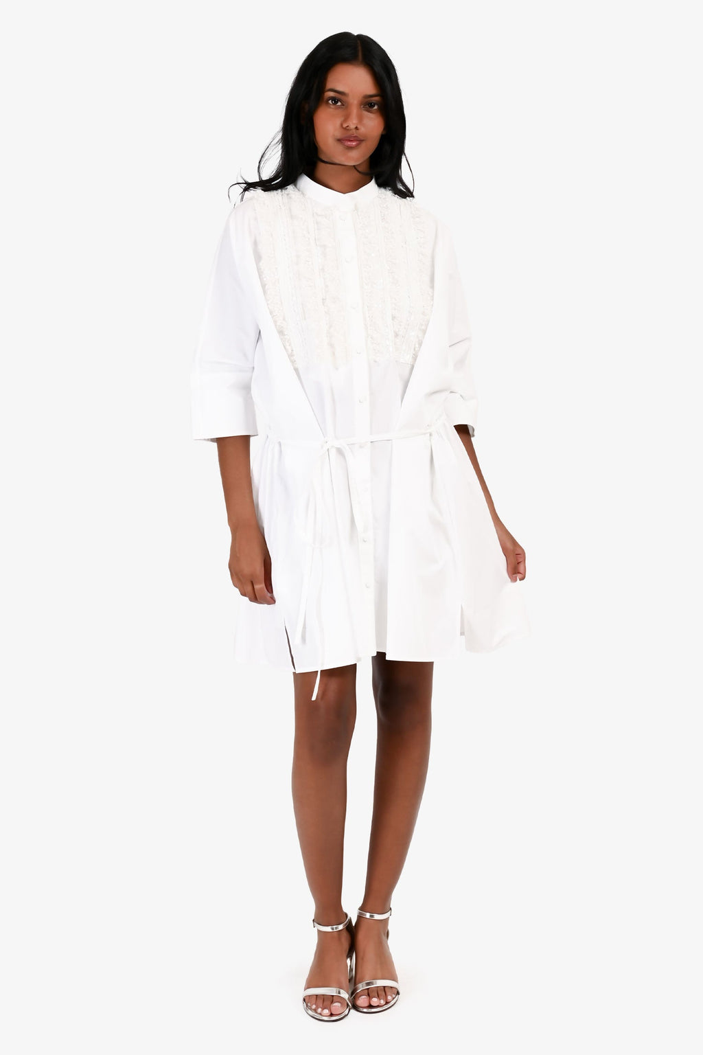 Valentino White Cotton Poplin Mesh/Sequin Embellished Shirt Dress Size 40