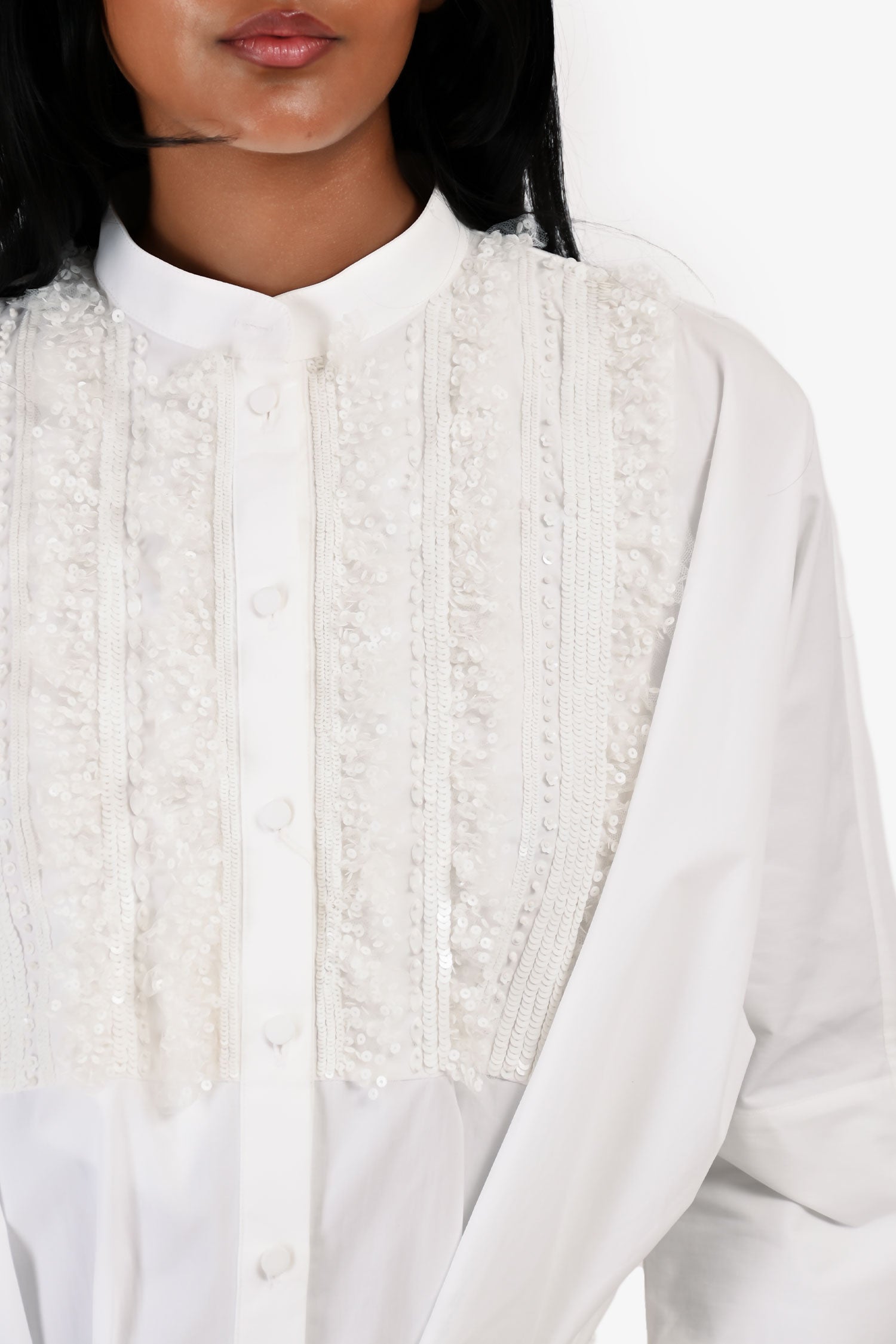 Valentino White Cotton Poplin Mesh/Sequin Embellished Shirt Dress Size 40