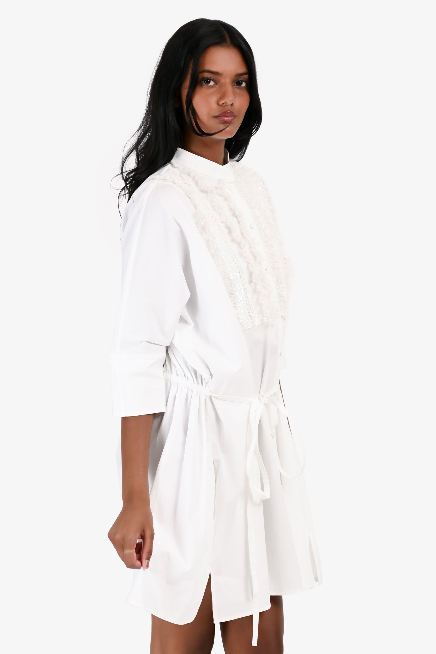 Valentino White Cotton Poplin Mesh/Sequin Embellished Shirt Dress Size 40