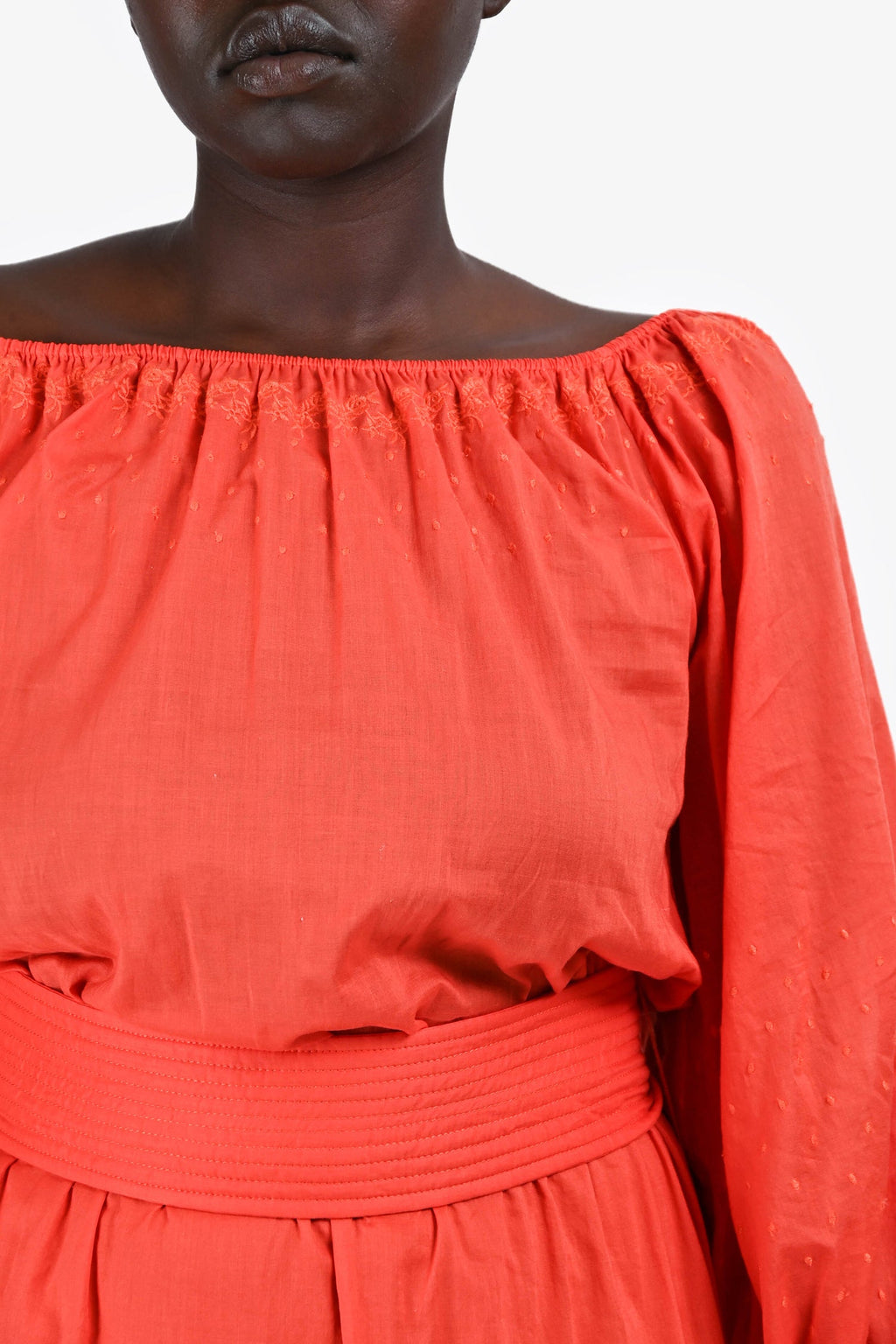 Vanessa Bruno Orange Cotton Embroidered Off The Shoulder Midi Dress with Belt Size 40