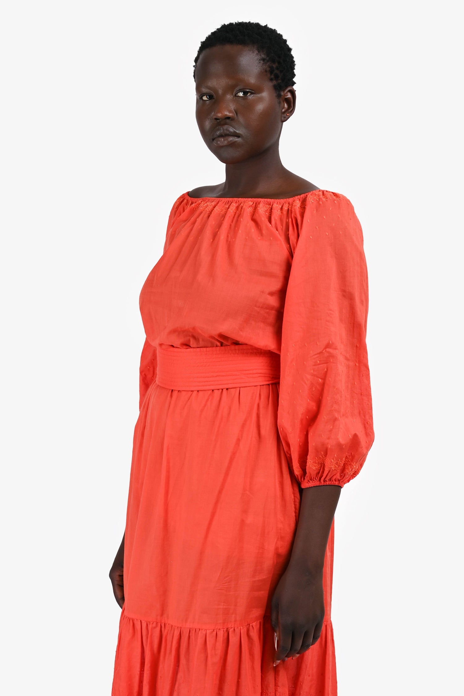 Vanessa Bruno Orange Cotton Embroidered Off The Shoulder Midi Dress with Belt Size 40