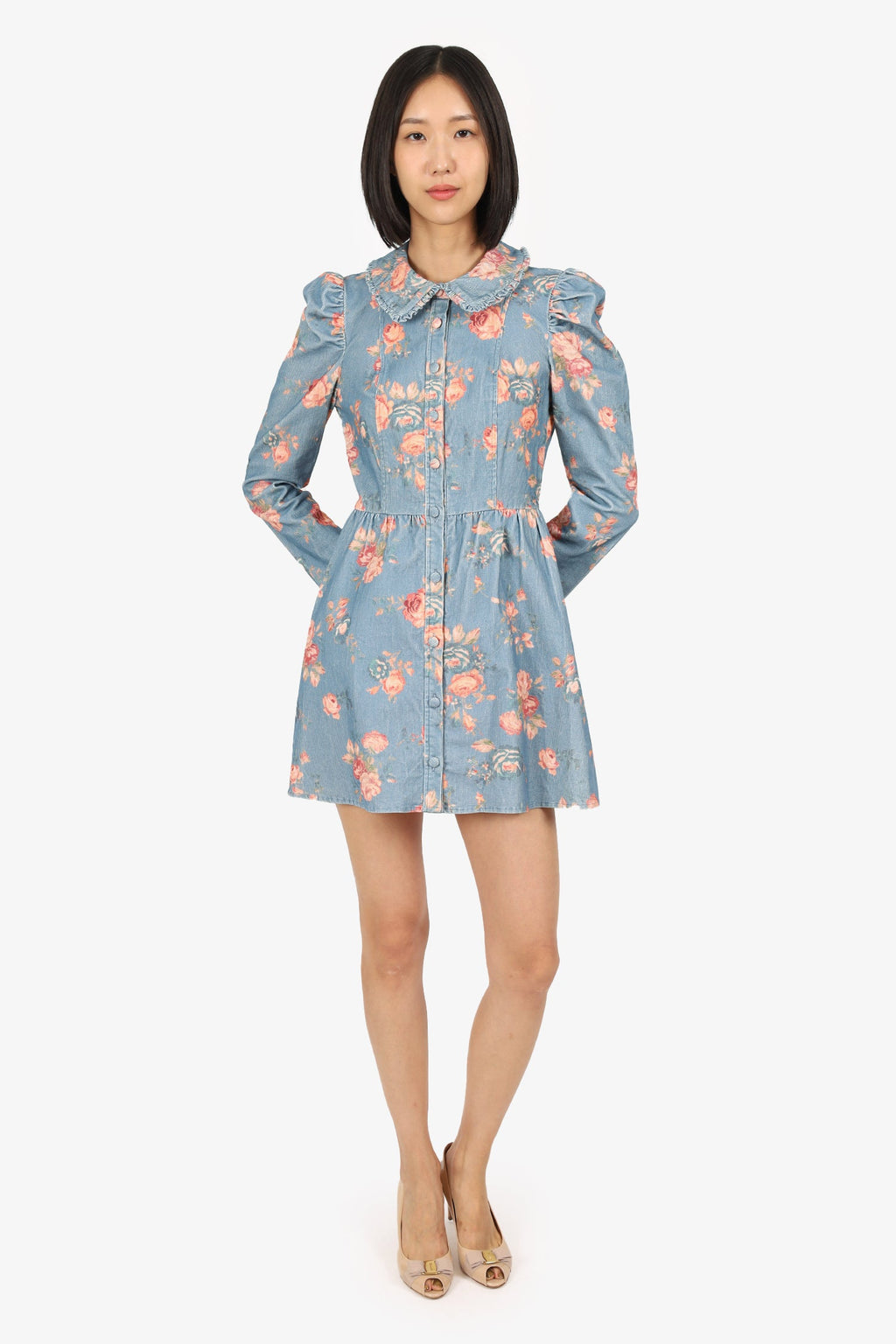 Love Shack Fancy Blue/Pink Floral Corduroy Long Sleeve Button Up Mini Dress Size 4