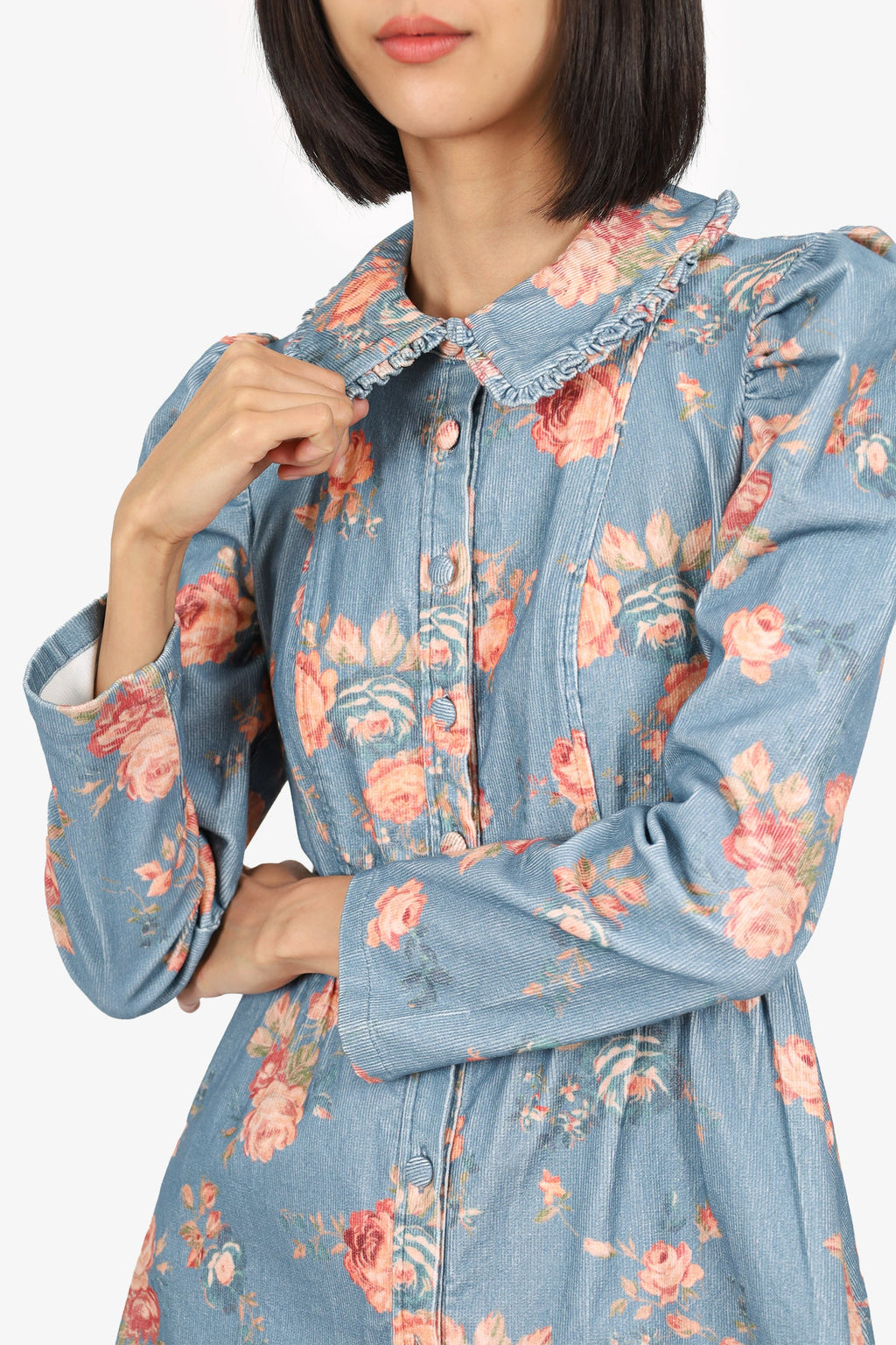 Love Shack Fancy Blue/Pink Floral Corduroy Long Sleeve Button Up Mini Dress Size 4